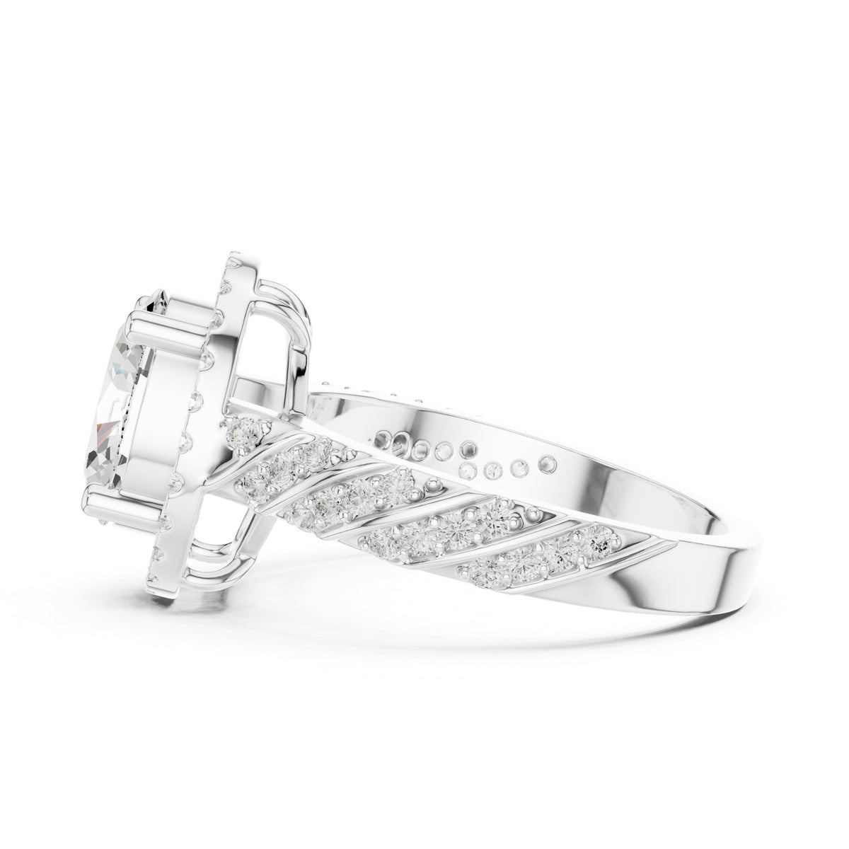 Oval Diamond Halo Engagement Ring with Sculpted Pavé Shoulders