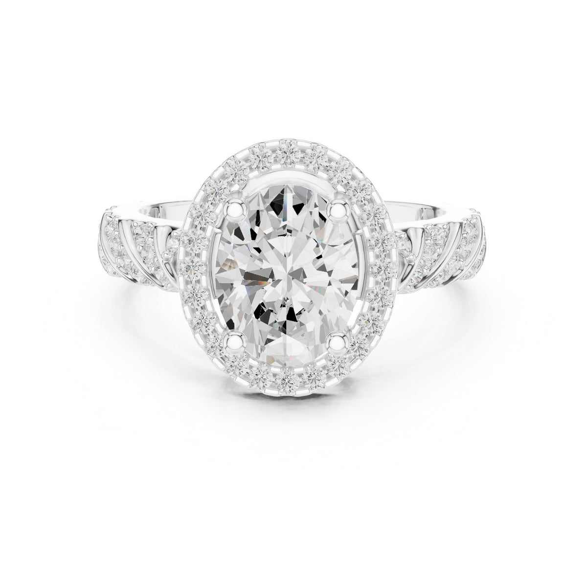 Oval Diamond Halo Engagement Ring with Sculpted Pavé Shoulders