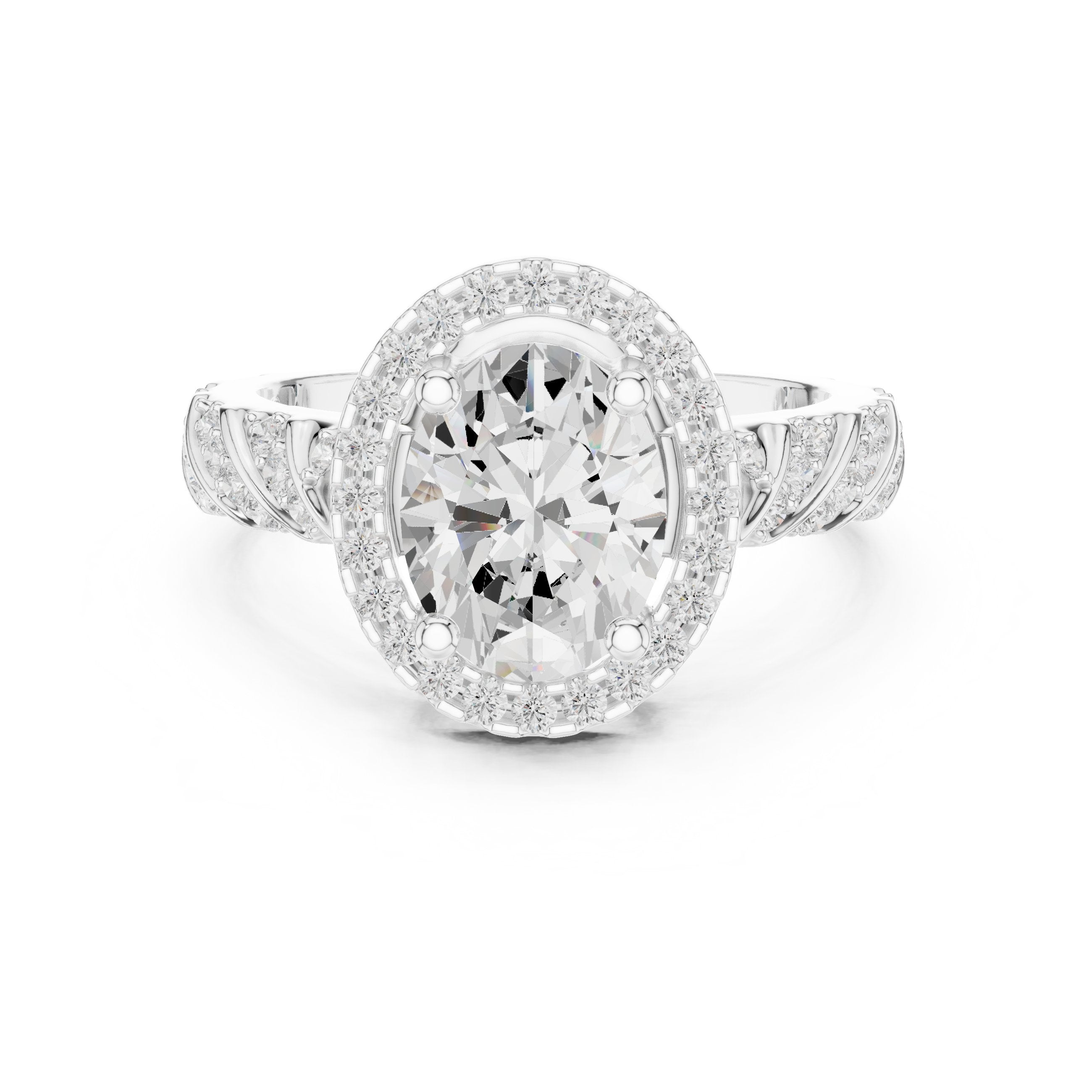 Oval Diamond Halo Engagement Ring with Sculpted Pavé Shoulders in White Gold - VYKA Diamonds