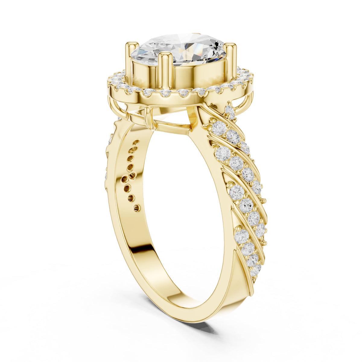Oval Diamond Halo Engagement Ring with Sculpted Pavé Shoulders