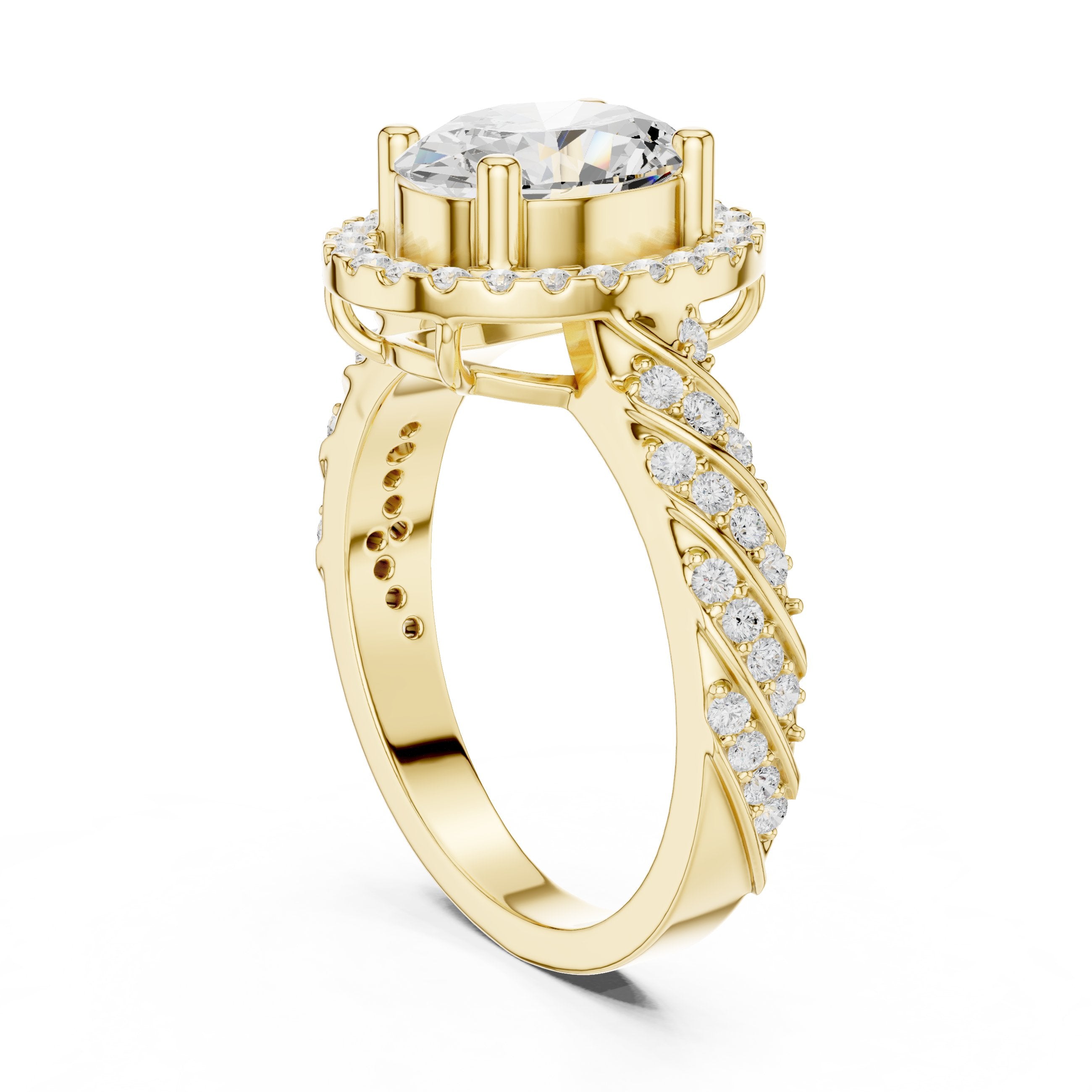 Oval Diamond Halo Engagement Ring with Sculpted Pavé Shoulders in Yellow Gold - VYKA Diamonds