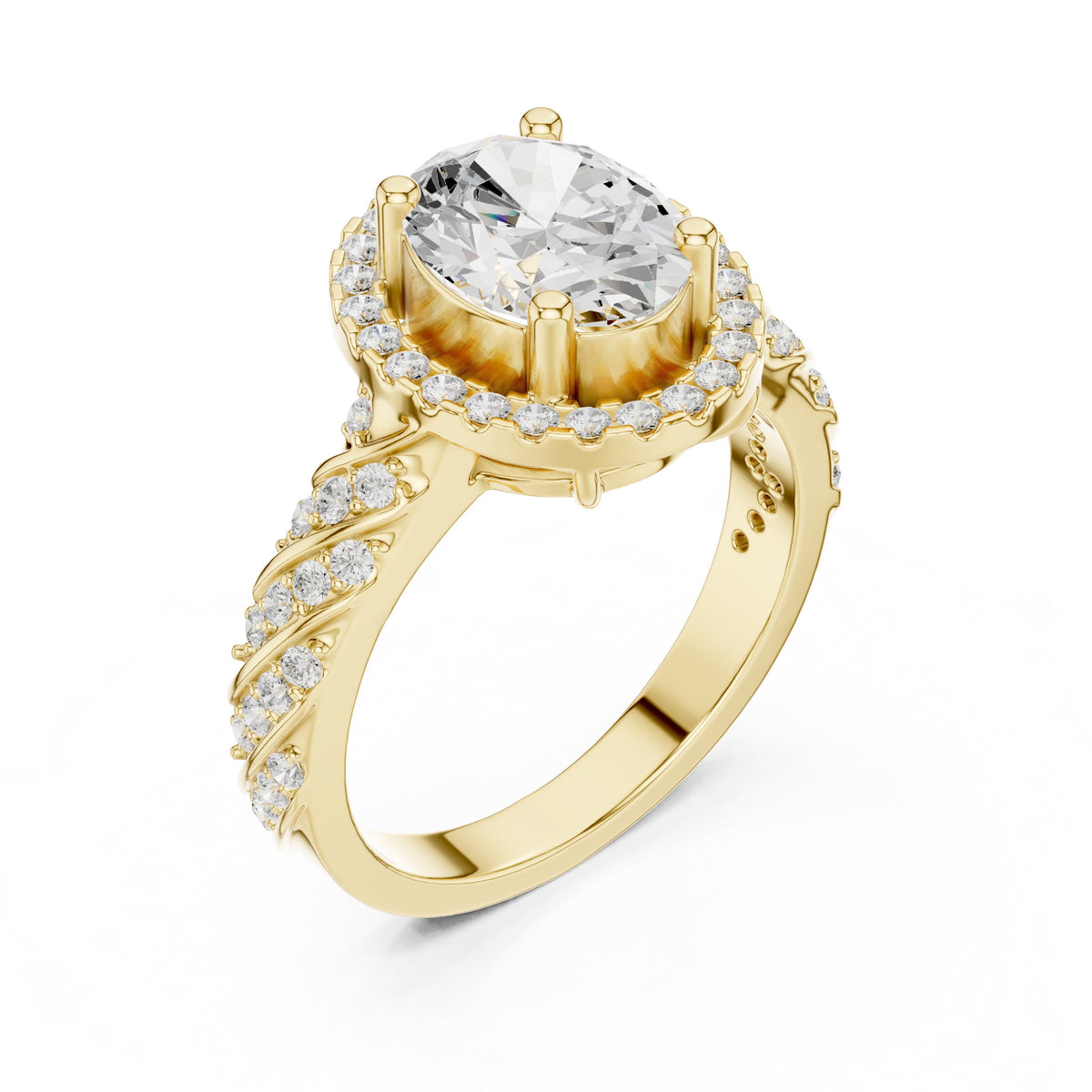 Oval Diamond Halo Engagement Ring with Sculpted Pavé Shoulders