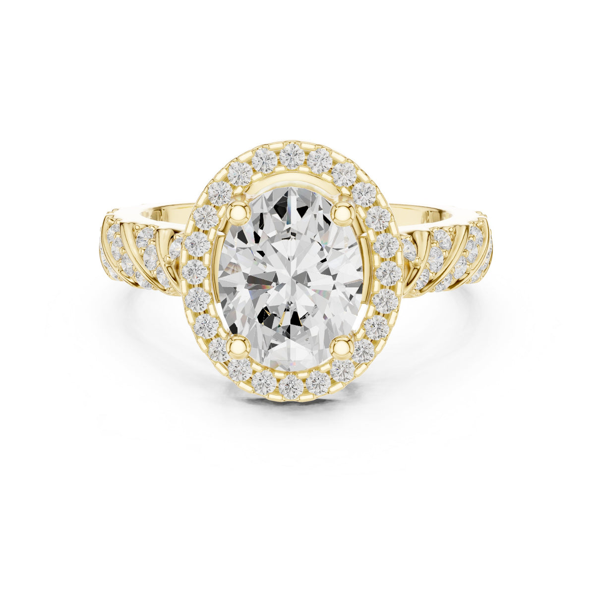 Oval Diamond Halo Engagement Ring with Sculpted Pavé Shoulders