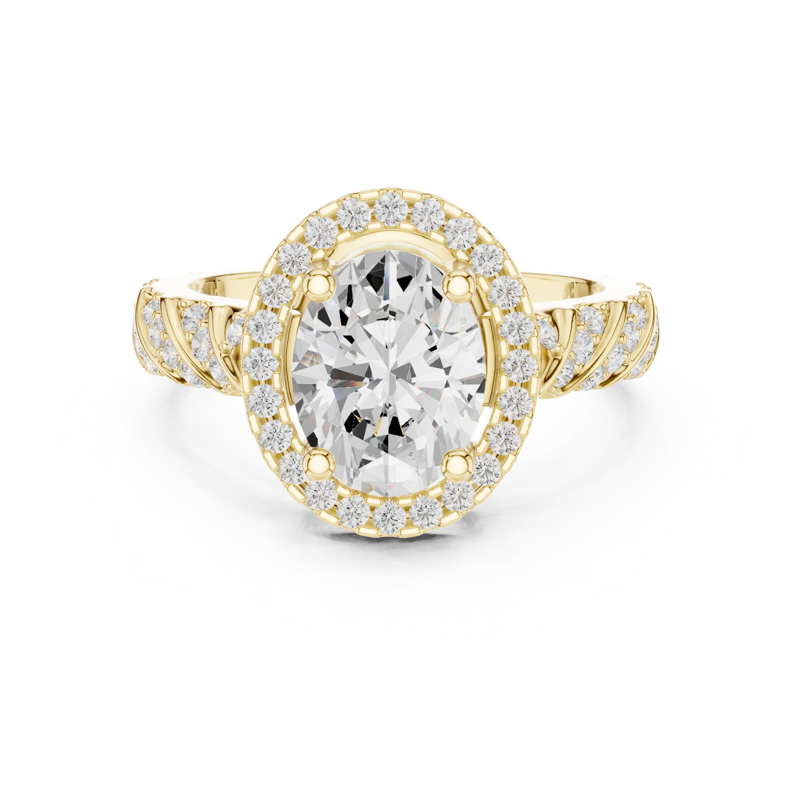 Oval Diamond Halo Engagement Ring with Sculpted Pavé Shoulders in Yellow Gold - VYKA Diamonds