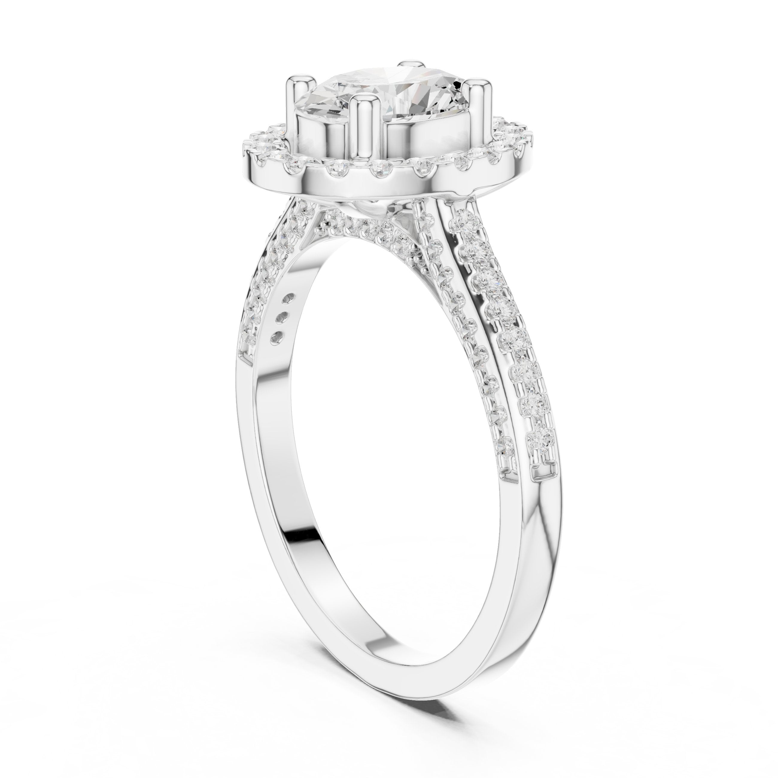Oval Diamond Halo Engagement Ring with Pavé Band in White Gold - VYKA Diamonds