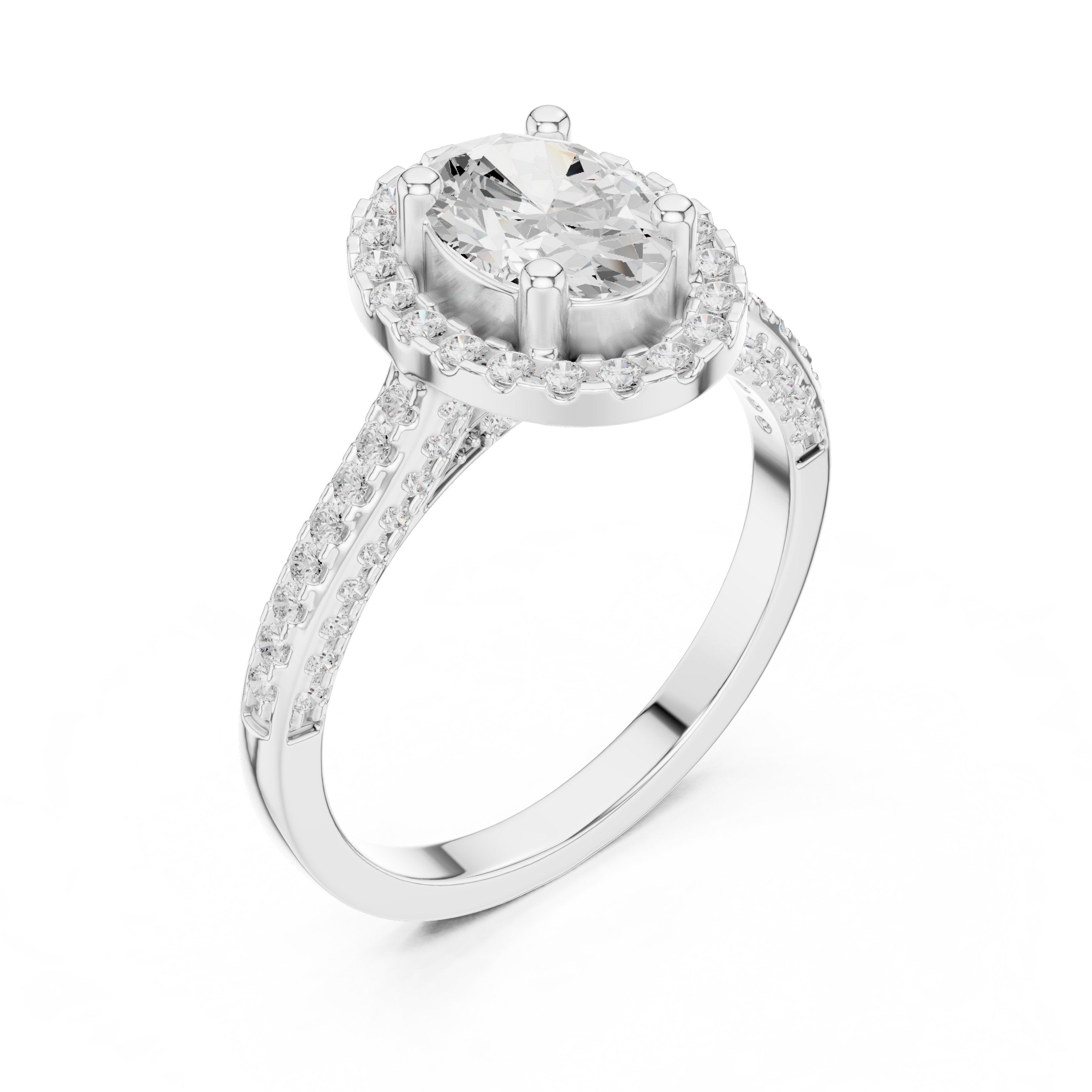 Oval Diamond Halo Engagement Ring with Pavé Band in White Gold - VYKA Diamonds
