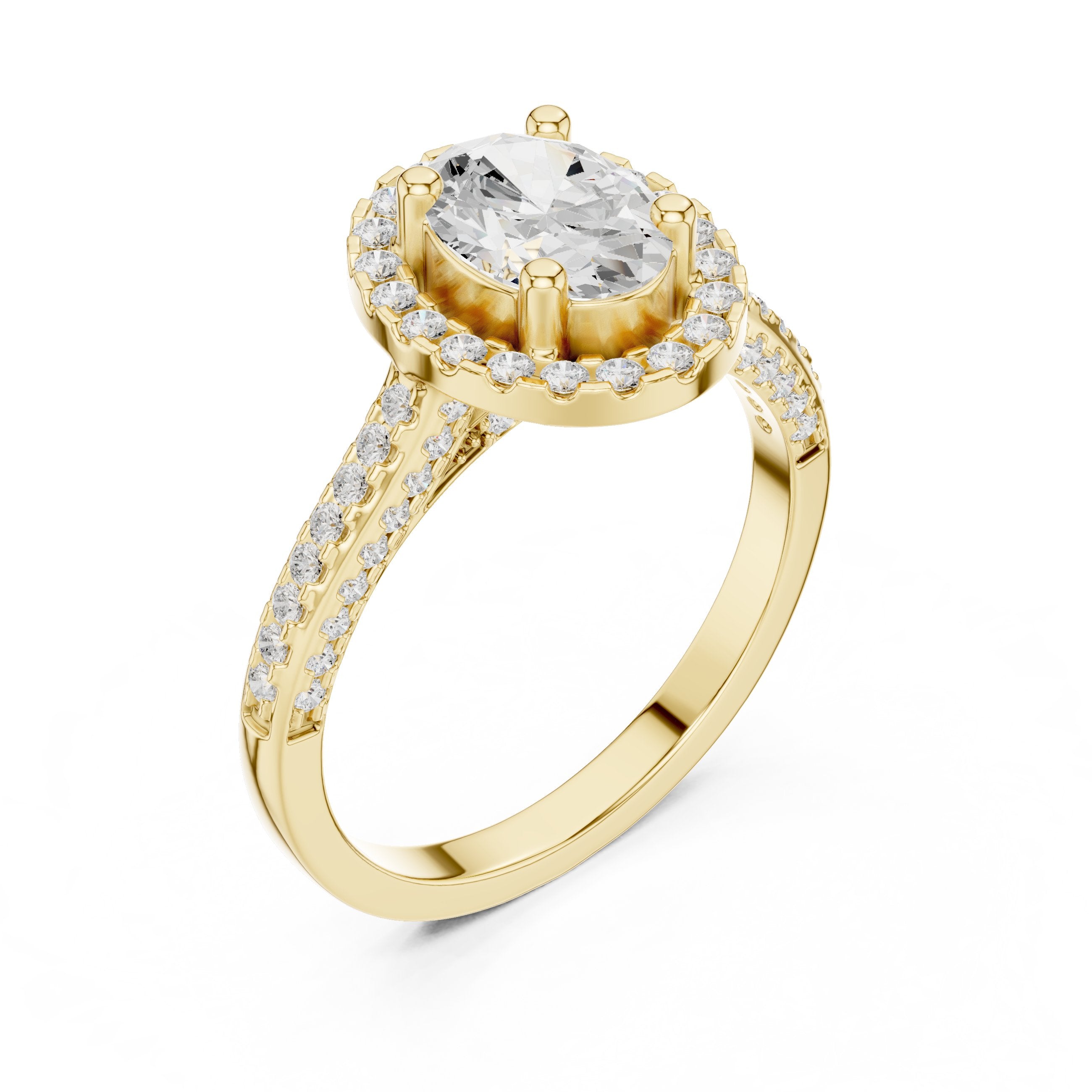Oval Diamond Halo Engagement Ring with Pavé Band in Yellow Gold - VYKA Diamonds