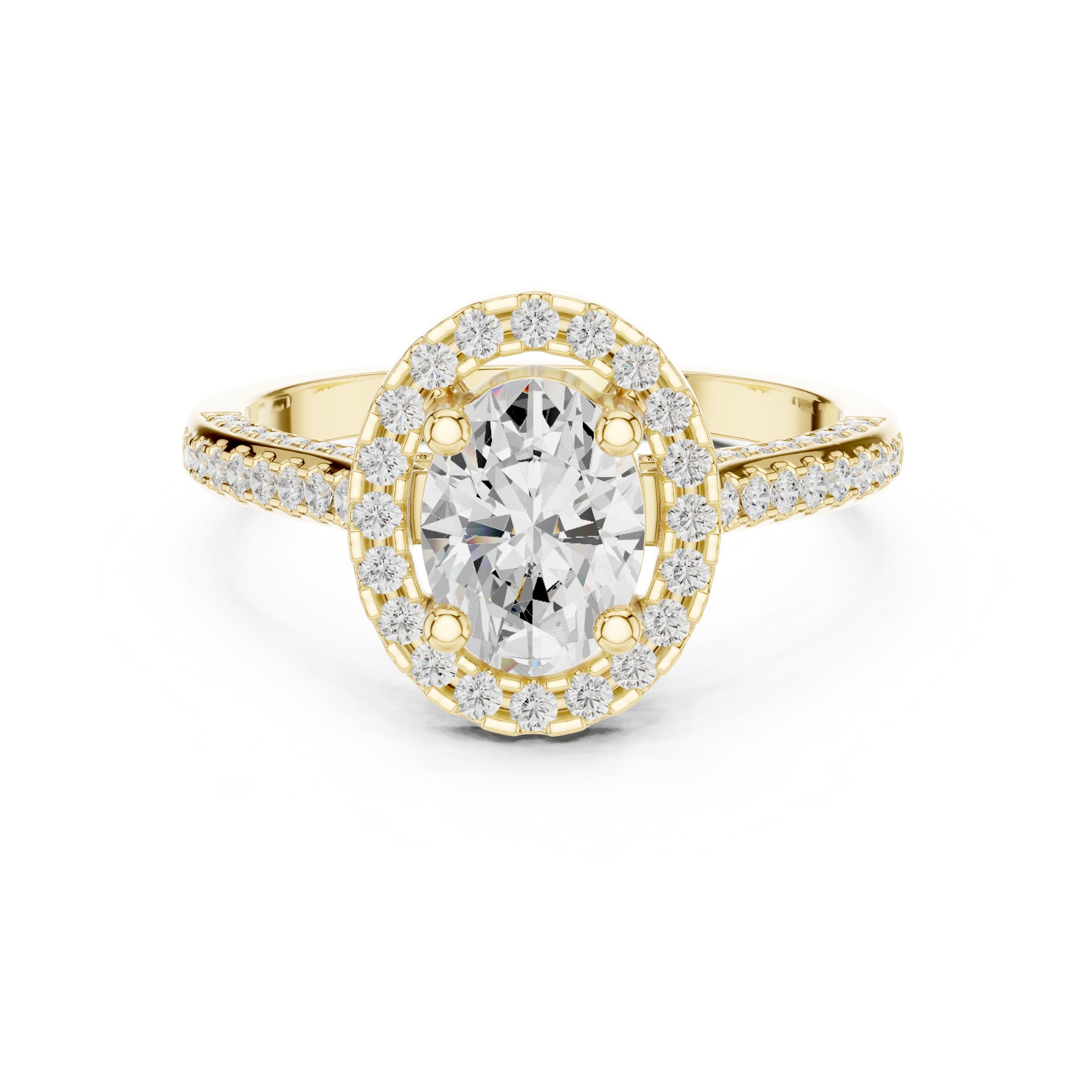Oval Diamond Halo Engagement Ring with Pavé Band in Yellow Gold - VYKA Diamonds
