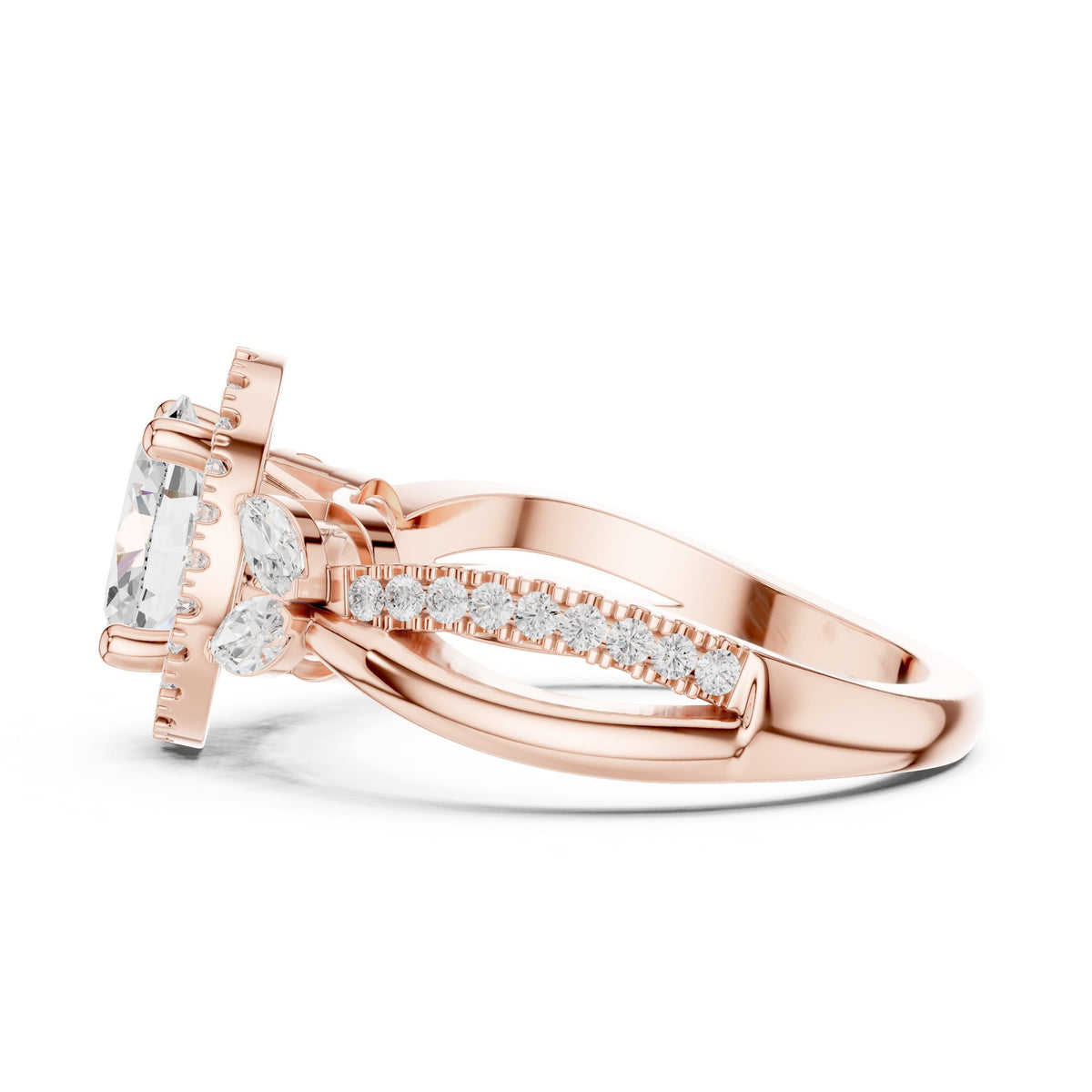Oval Diamond Halo Engagement Ring with Leaf Side Accents and Twisted Band
