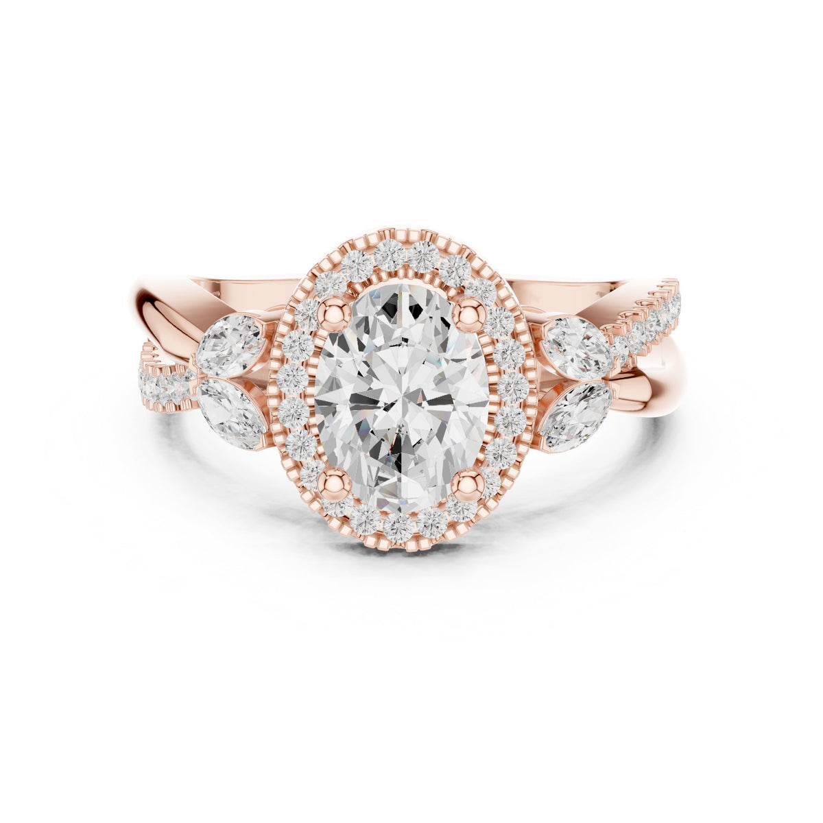 Oval Diamond Halo Engagement Ring with Leaf Side Accents and Twisted Band