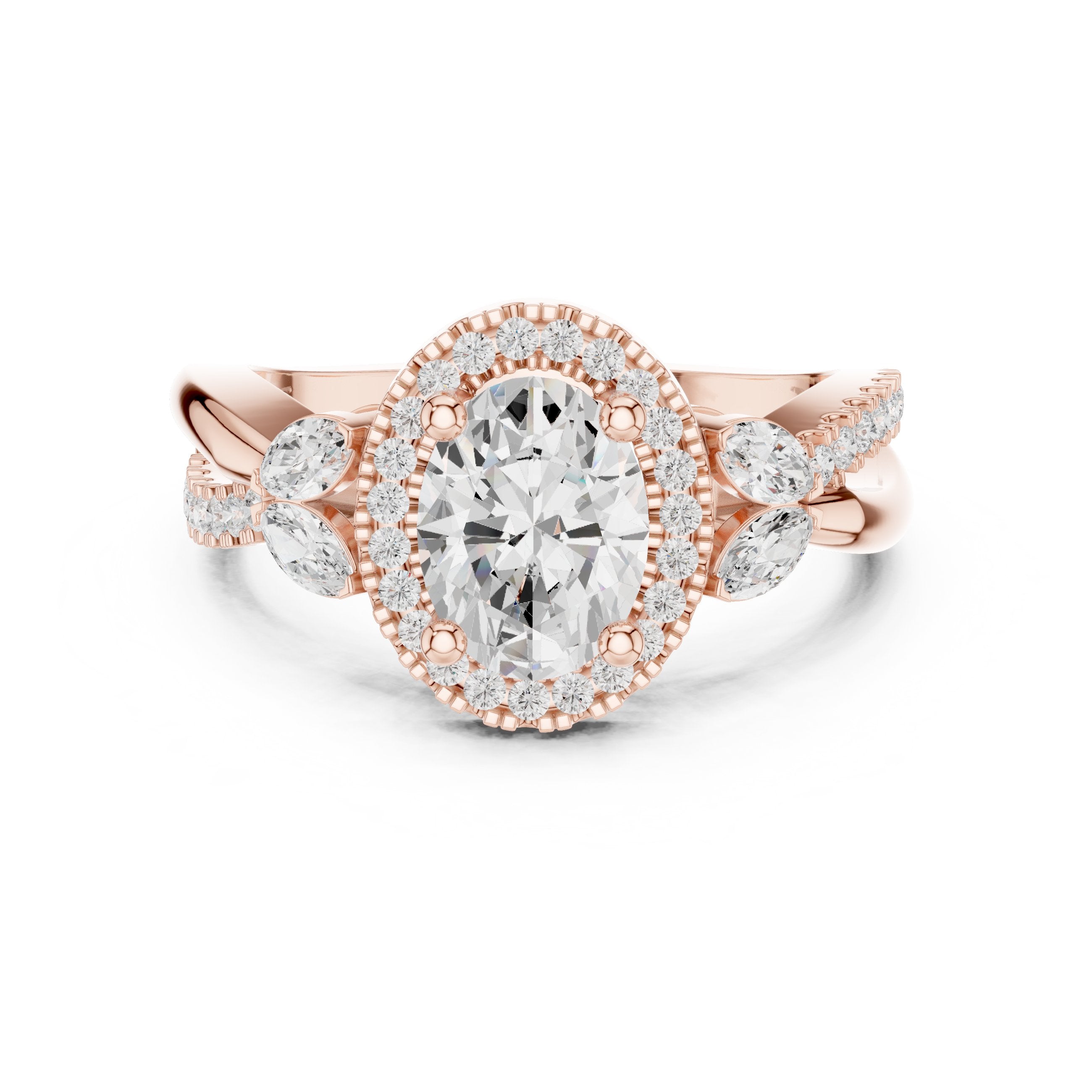 Oval Diamond Halo Engagement Ring with Leaf Side Accents and Twisted Band in Rose Gold - VYKA Diamonds