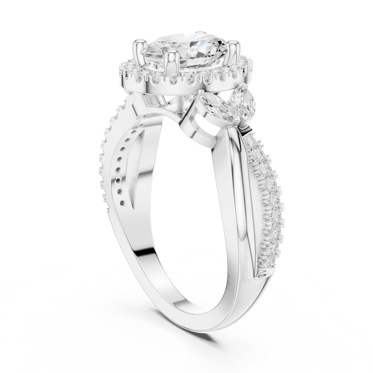 Oval Diamond Halo Engagement Ring with Leaf Side Accents and Twisted Band