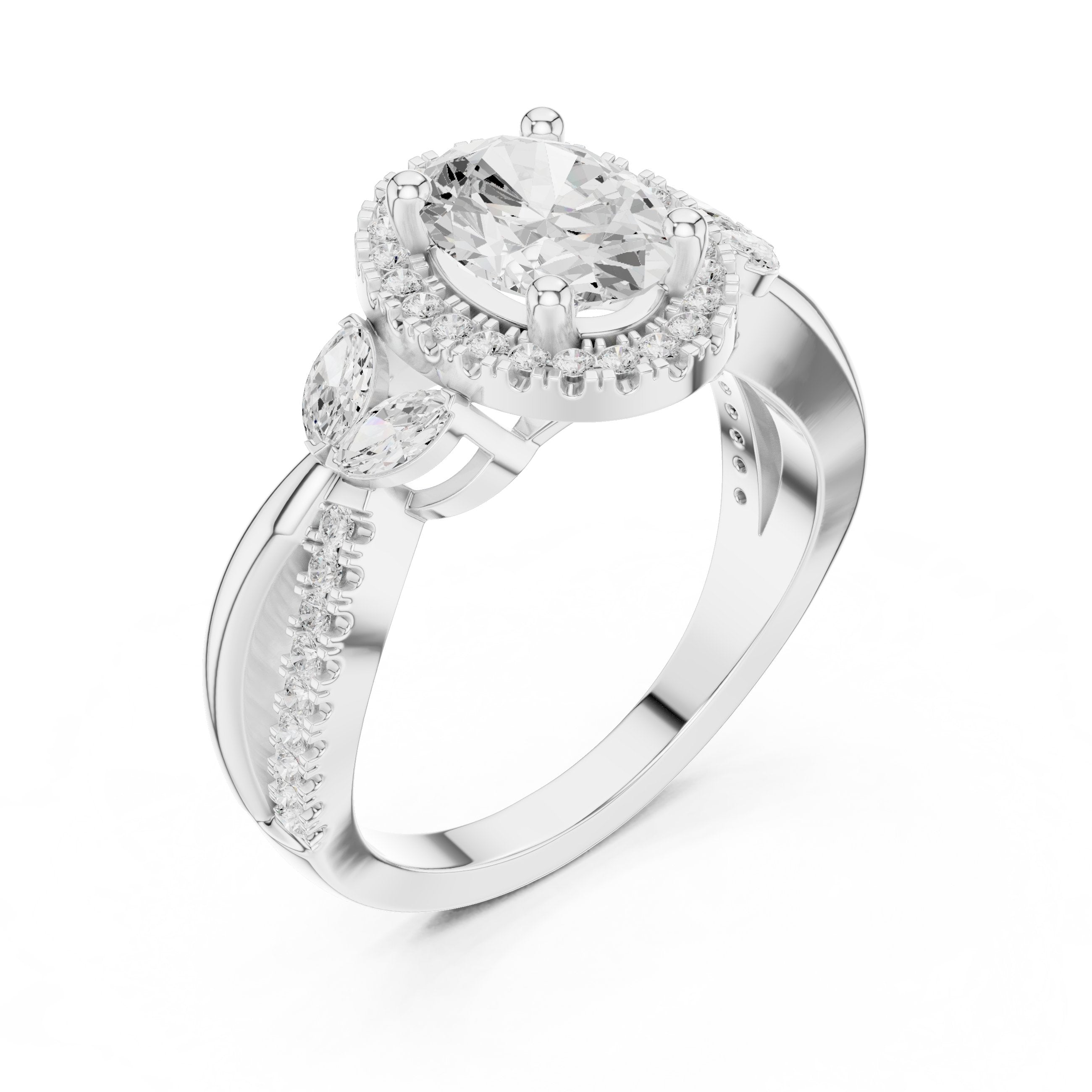 Oval Diamond Halo Engagement Ring with Leaf Side Accents and Twisted Band in White Gold - VYKA Diamonds