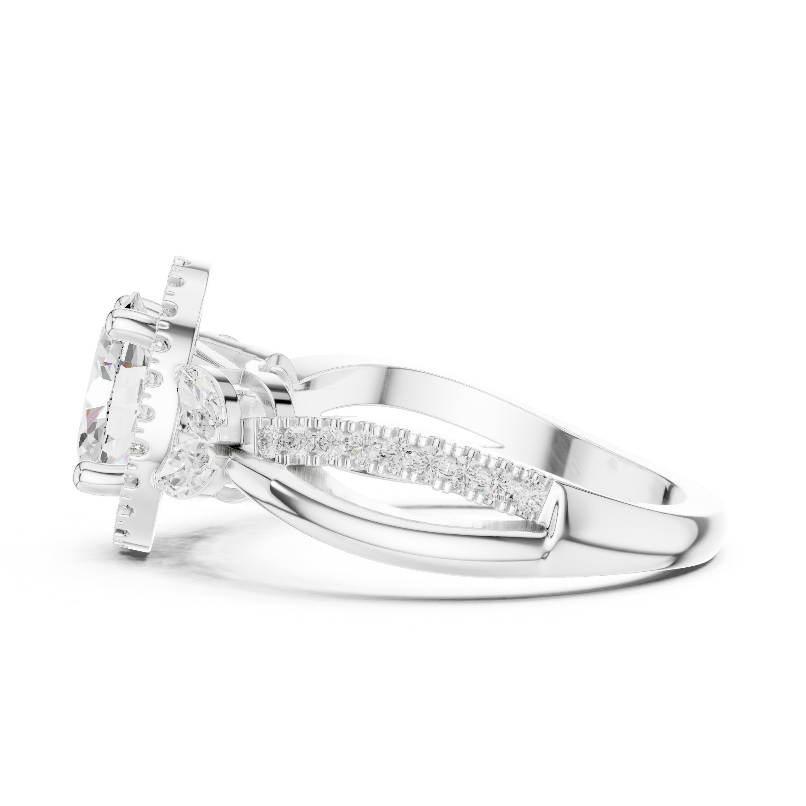 Oval Diamond Halo Engagement Ring with Leaf Side Accents and Twisted Band in White Gold - VYKA Diamonds