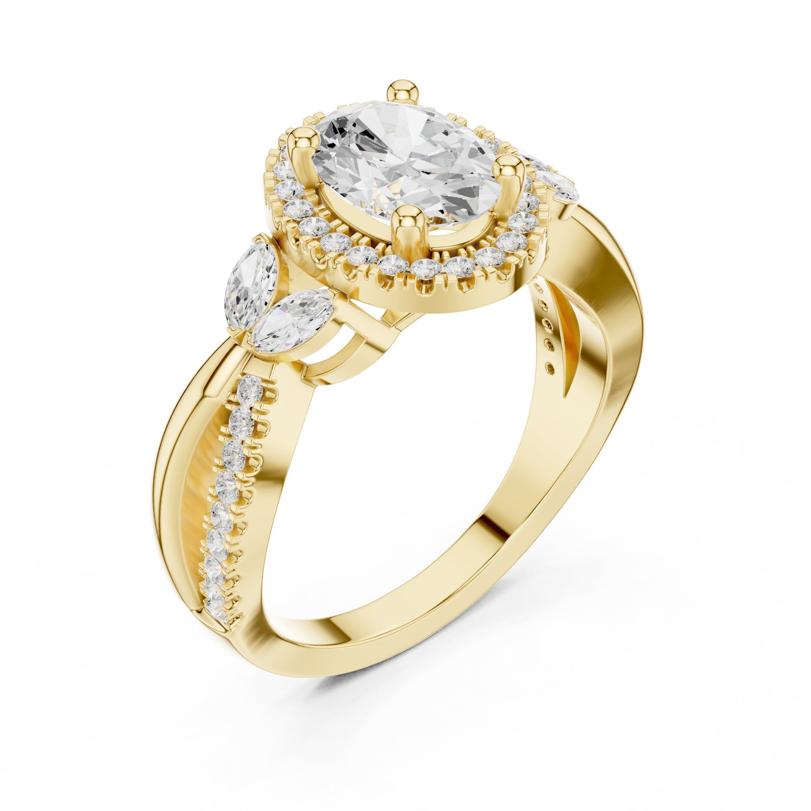 Oval Diamond Halo Engagement Ring with Leaf Side Accents and Twisted Band in Yellow Gold - VYKA Diamonds