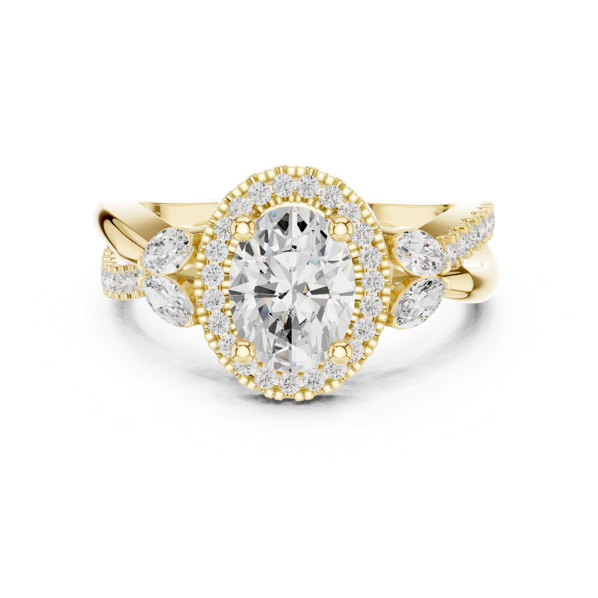 Oval Diamond Halo Engagement Ring with Leaf Side Accents and Twisted Band