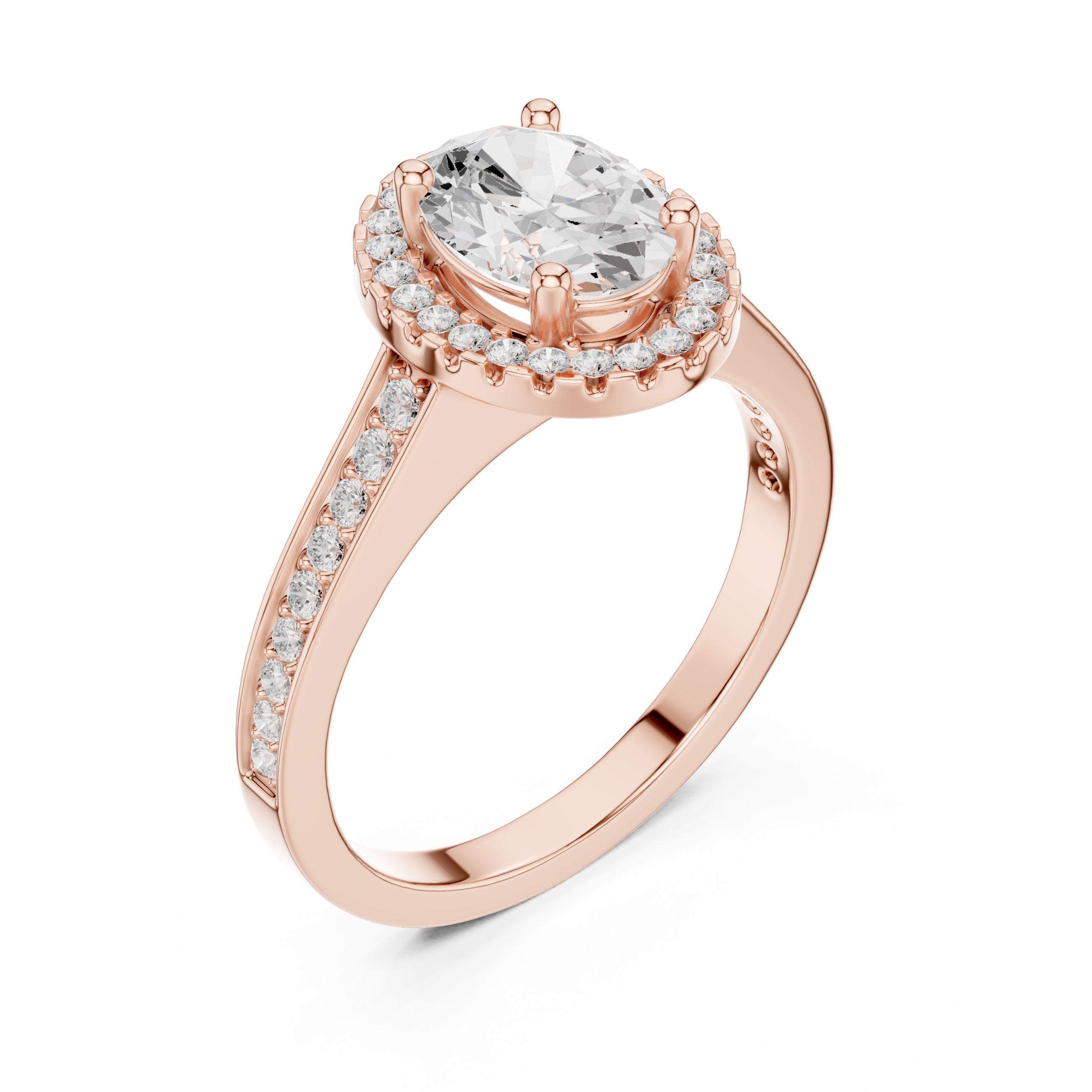 Oval Diamond Halo Engagement Ring with Pavé Band in Rose Gold - VYKA Diamonds
