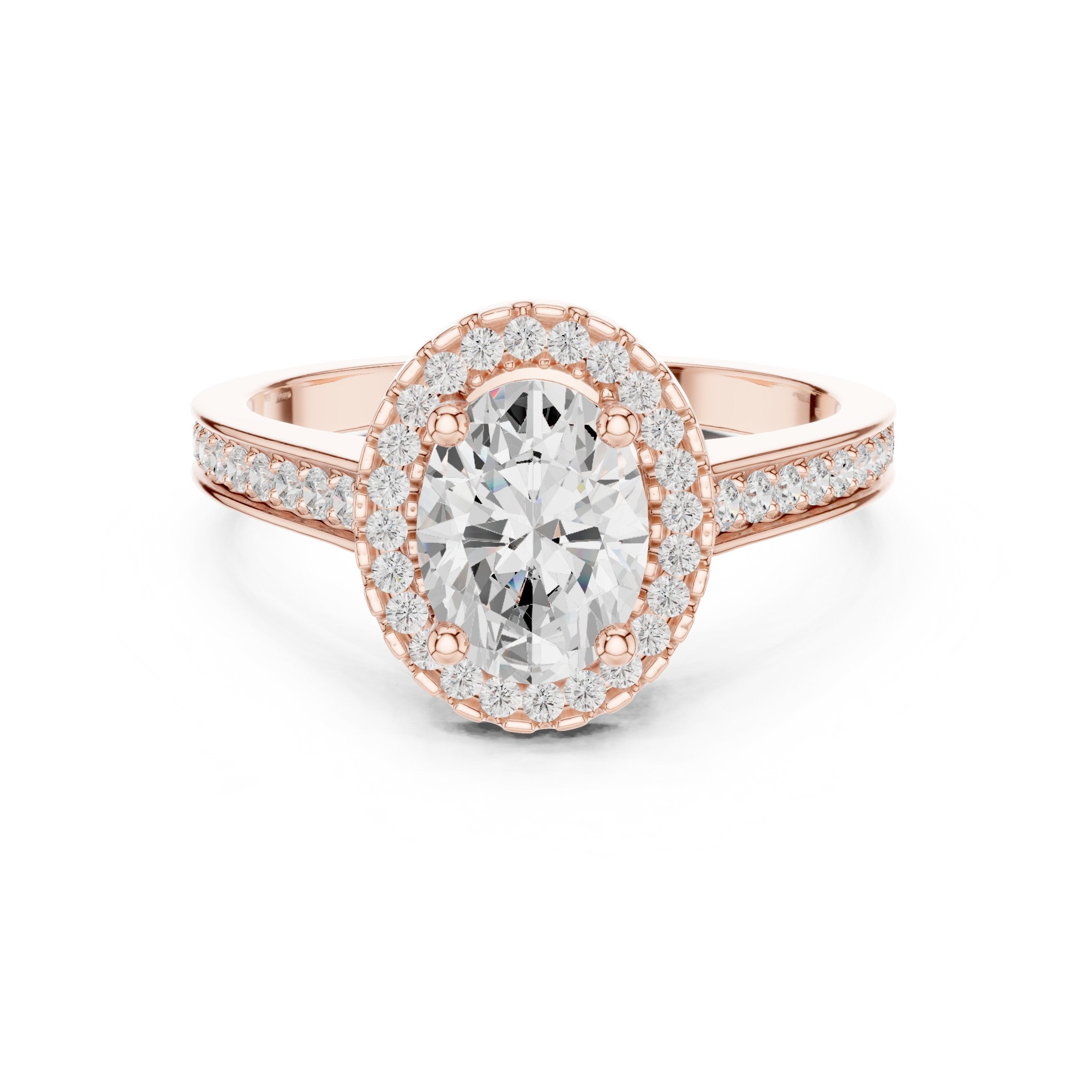 Oval Diamond Halo Engagement Ring with Pavé Band in Rose Gold - VYKA Diamonds