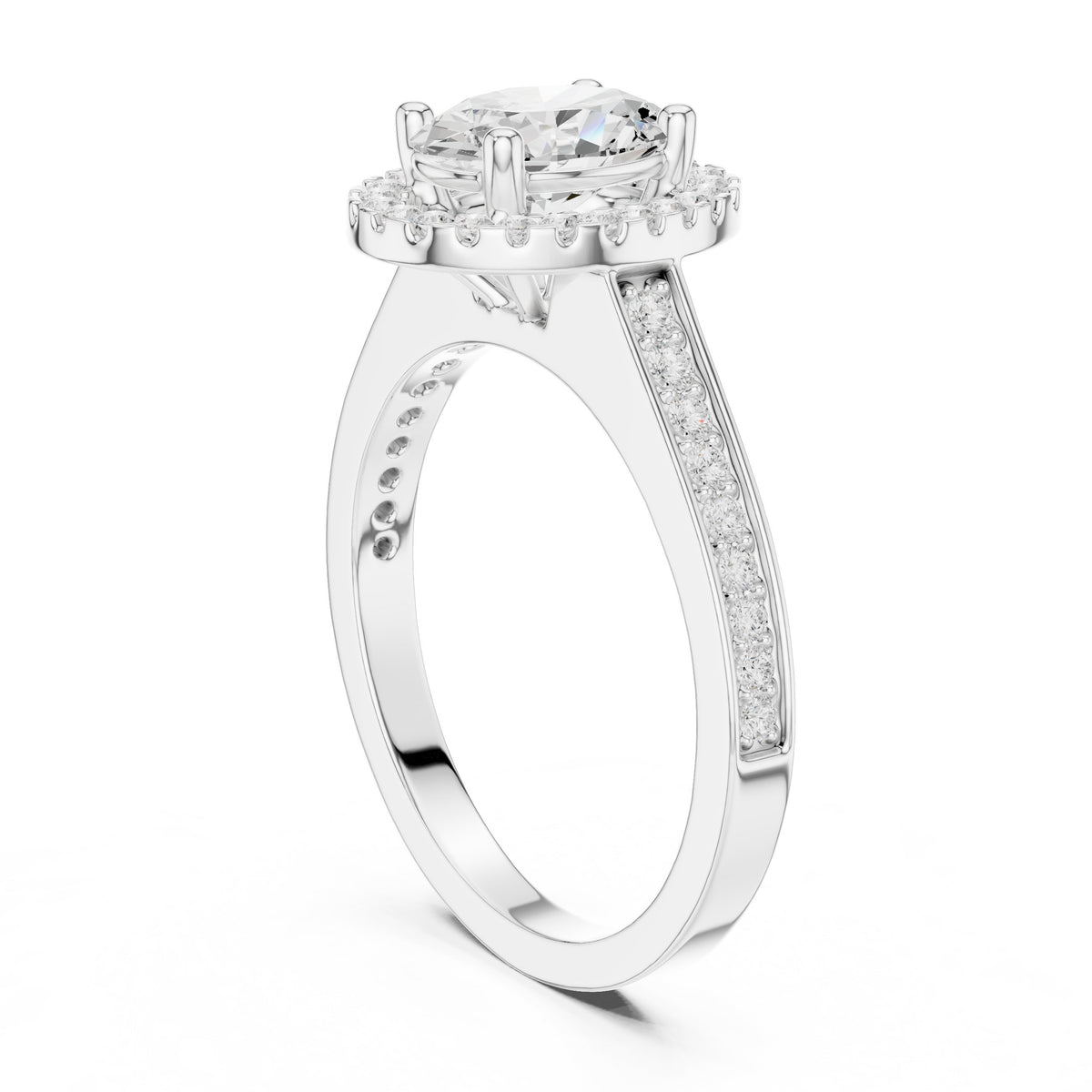Oval Diamond Halo Engagement Ring with Pavé Band