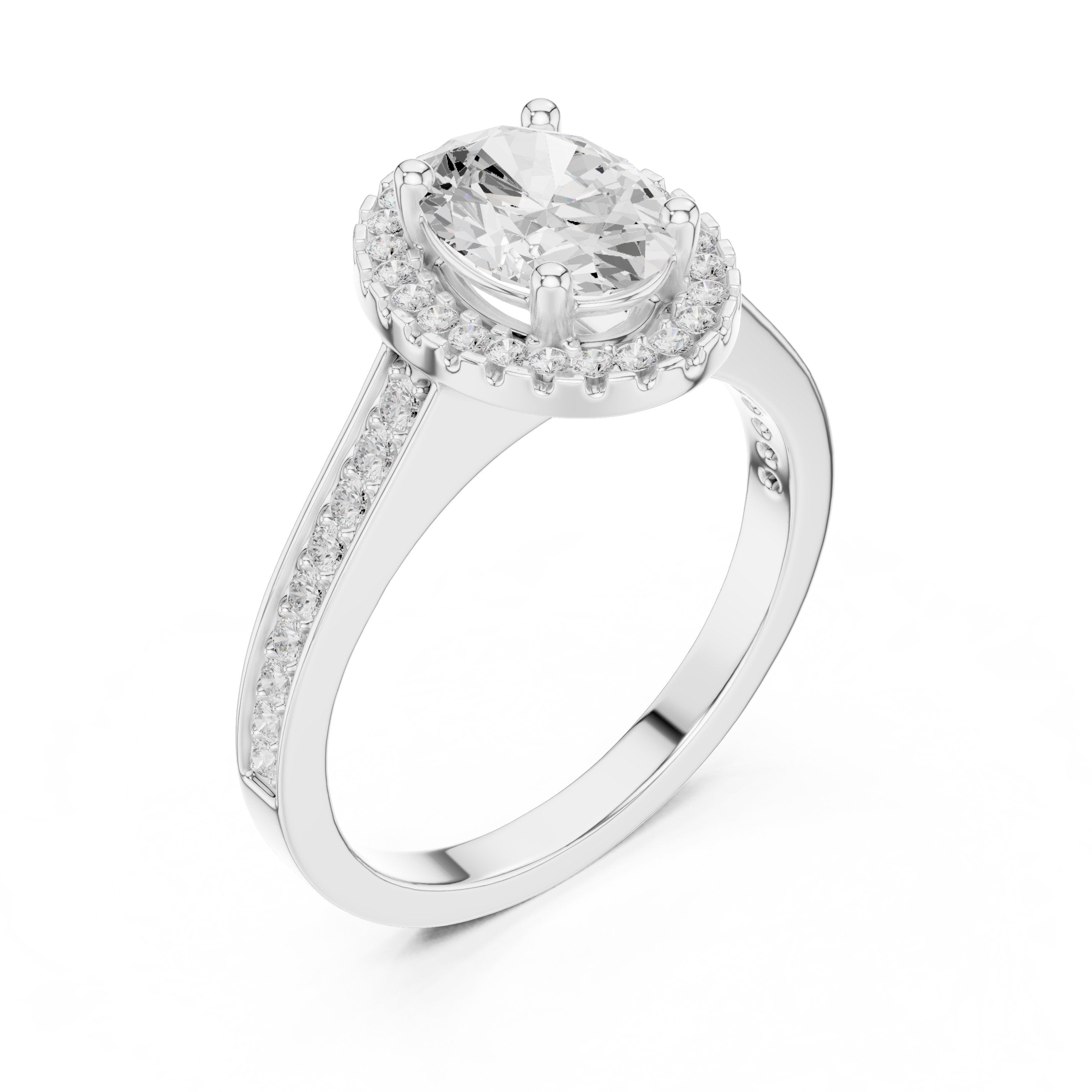 Oval Diamond Halo Engagement Ring with Pavé Band in White Gold - VYKA Diamonds