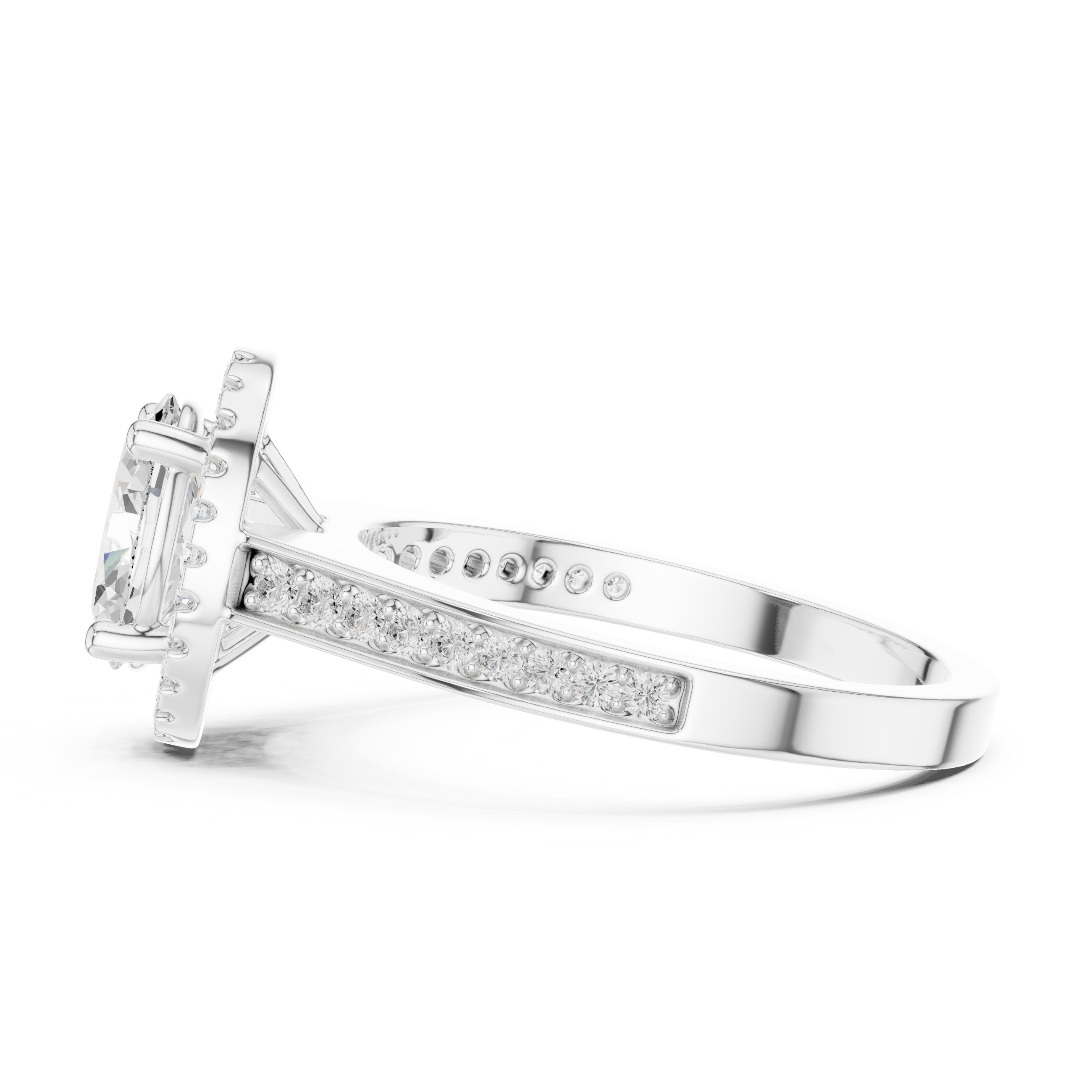 Oval Diamond Halo Engagement Ring with Pavé Band in White Gold - VYKA Diamonds