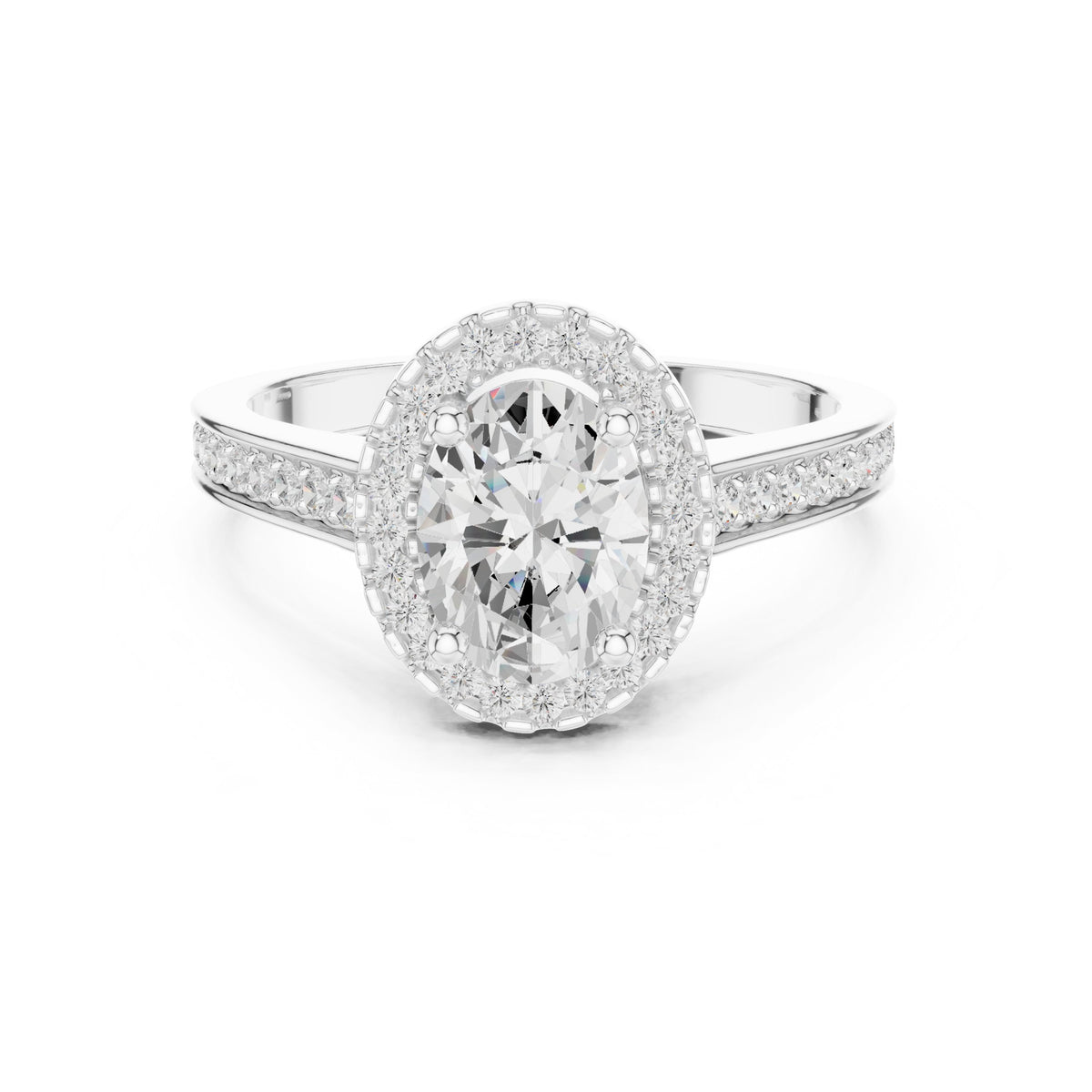 Oval Diamond Halo Engagement Ring with Pavé Band