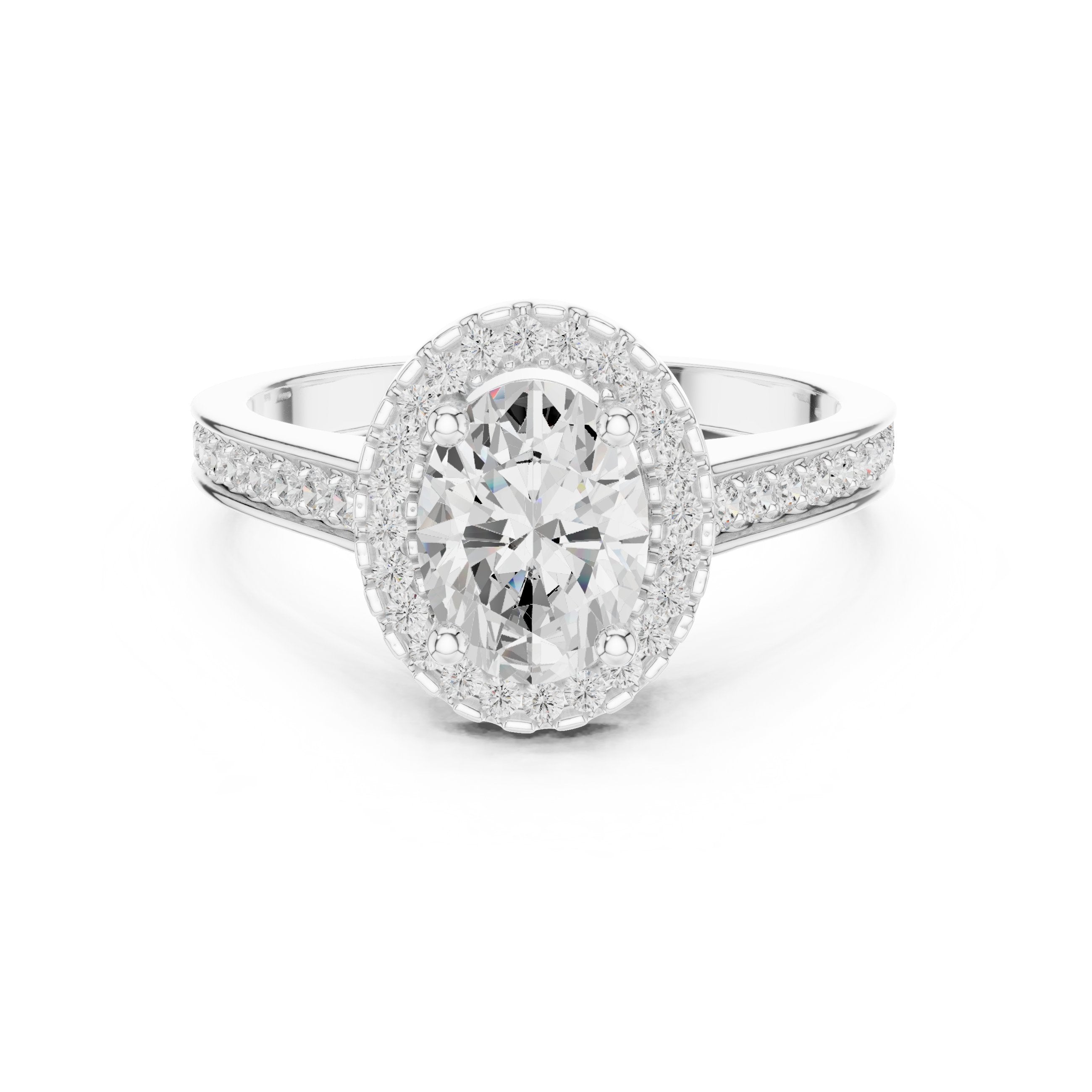 Oval Diamond Halo Engagement Ring with Pavé Band in White Gold - VYKA Diamonds