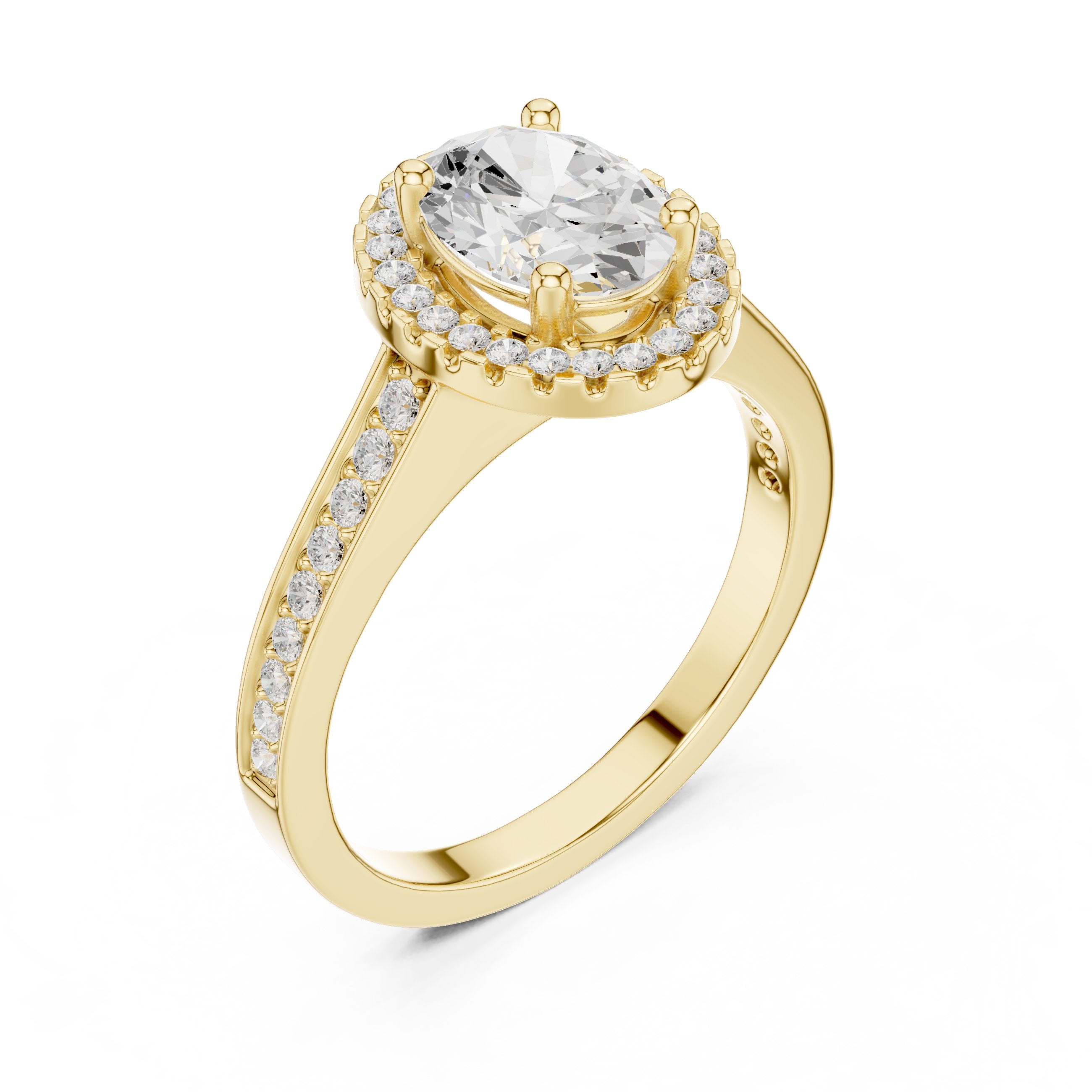 Oval Diamond Halo Engagement Ring with Pavé Band in Yellow Gold - VYKA Diamonds