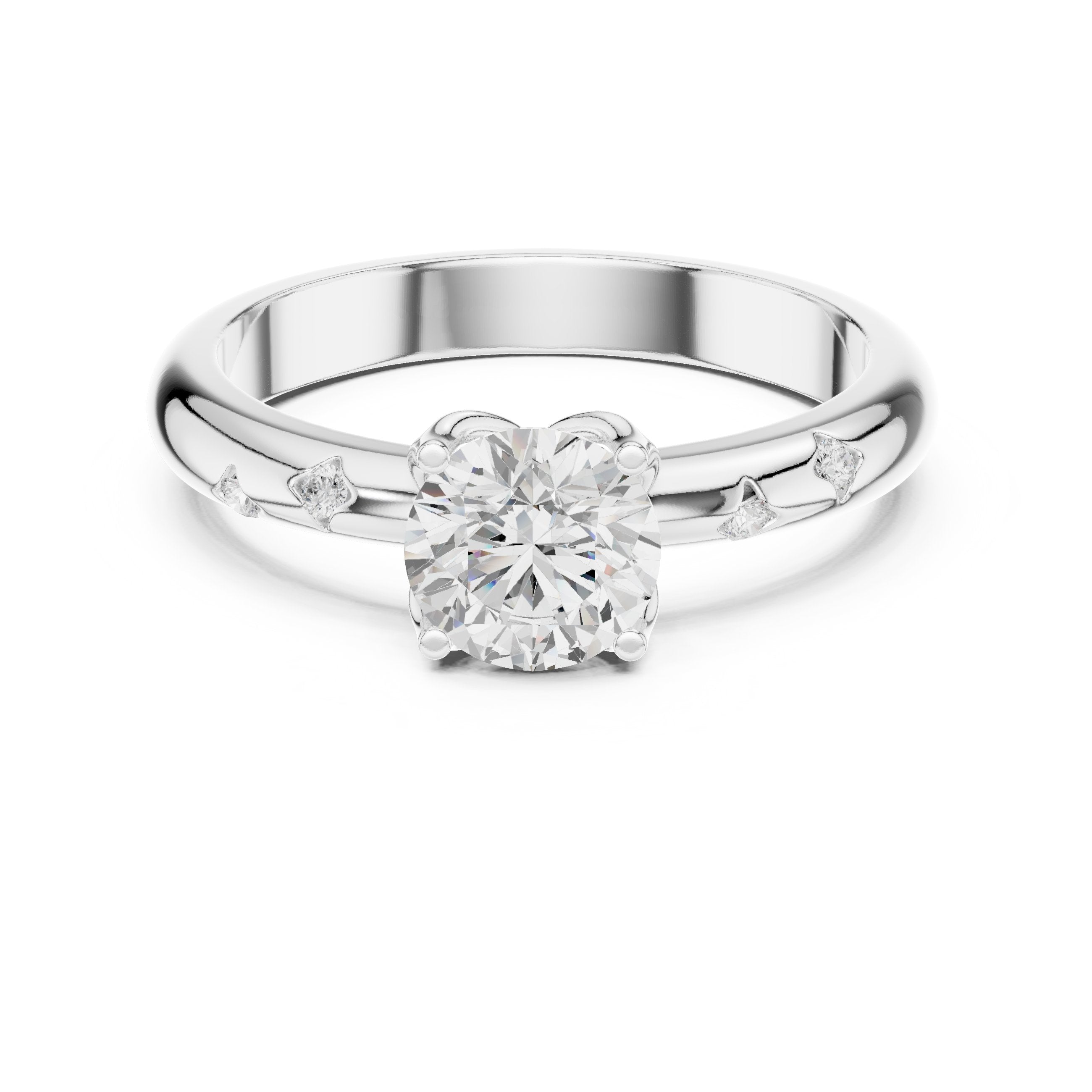 Round Diamond Engagement Ring with Bezel Set Side Accents in White Gold - VYKA Diamonds