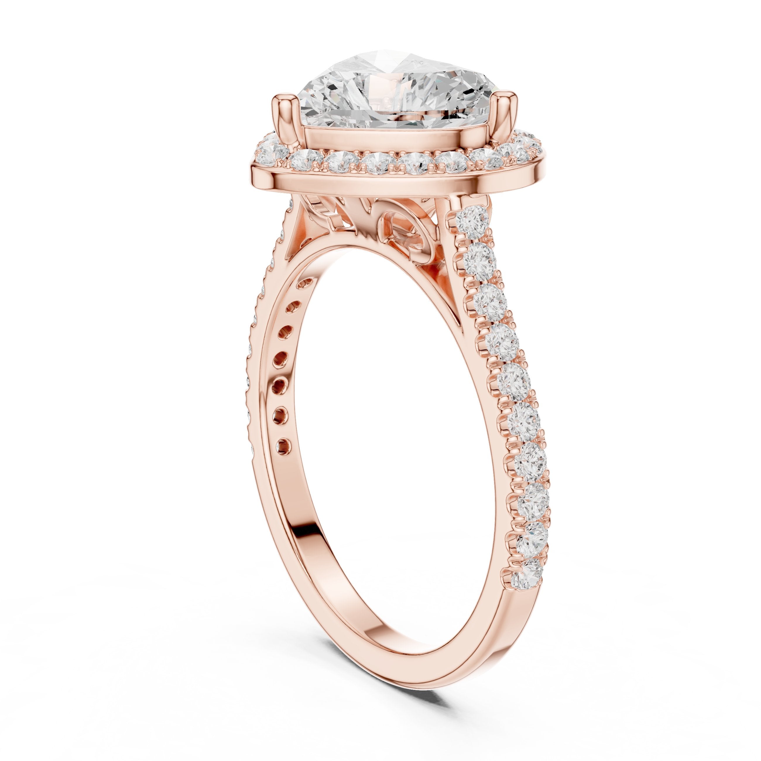 Heart Cut Halo Engagement Ring with Pavé Band in Rose Gold - VYKA Diamonds