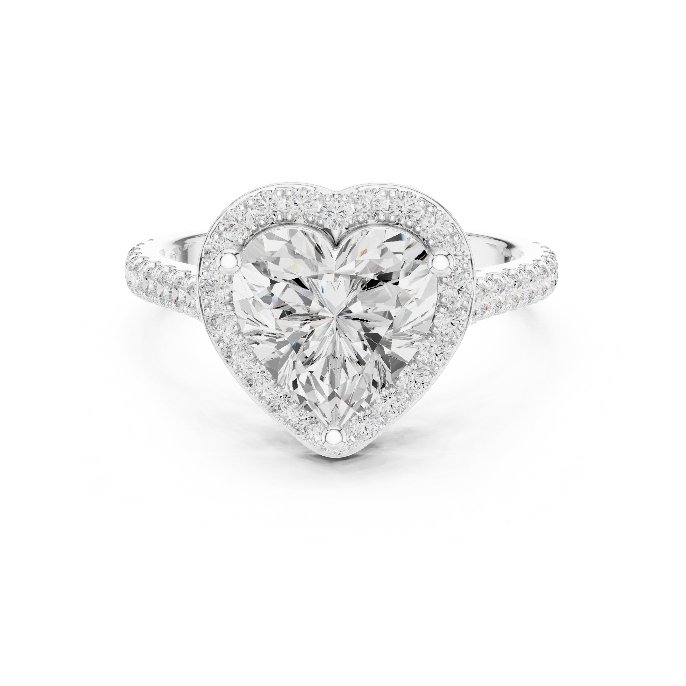 Heart Cut Halo Engagement Ring with Pavé Band in White Gold - VYKA Diamonds
