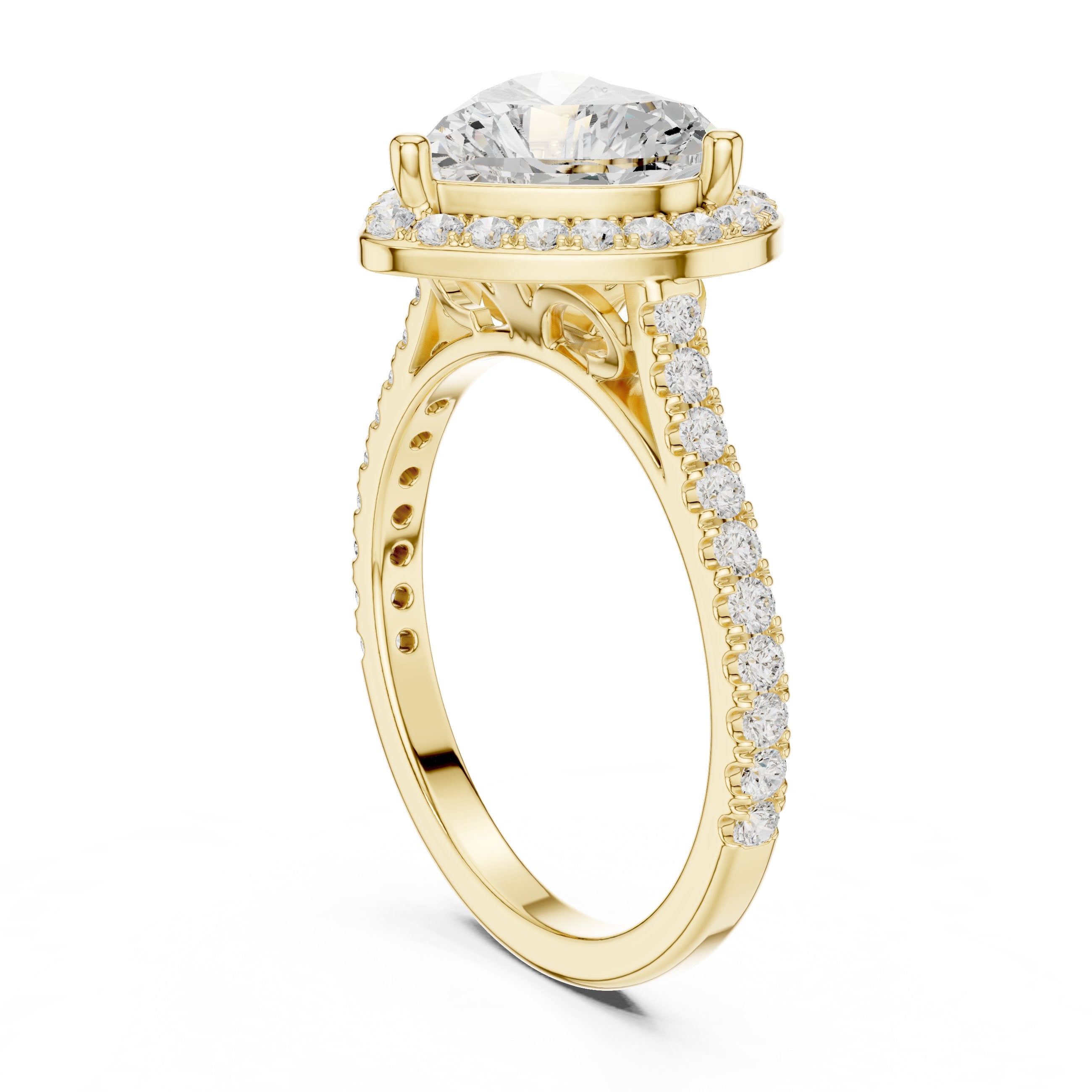 Heart Cut Halo Engagement Ring with Pavé Band in Yellow Gold - VYKA Diamonds