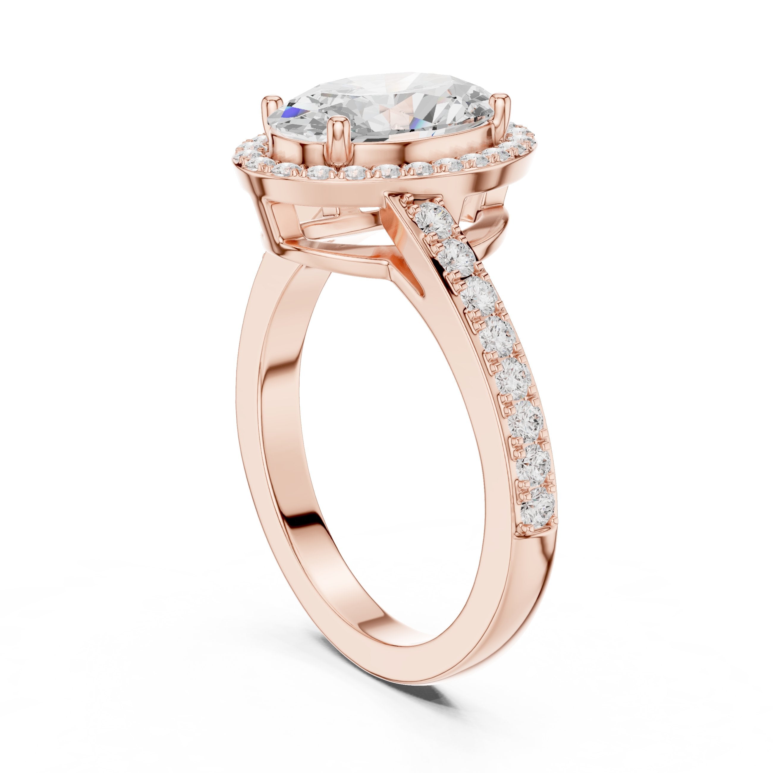Oval Diamond Halo Engagement Ring with Pavé Band in Rose Gold - VYKA Diamonds