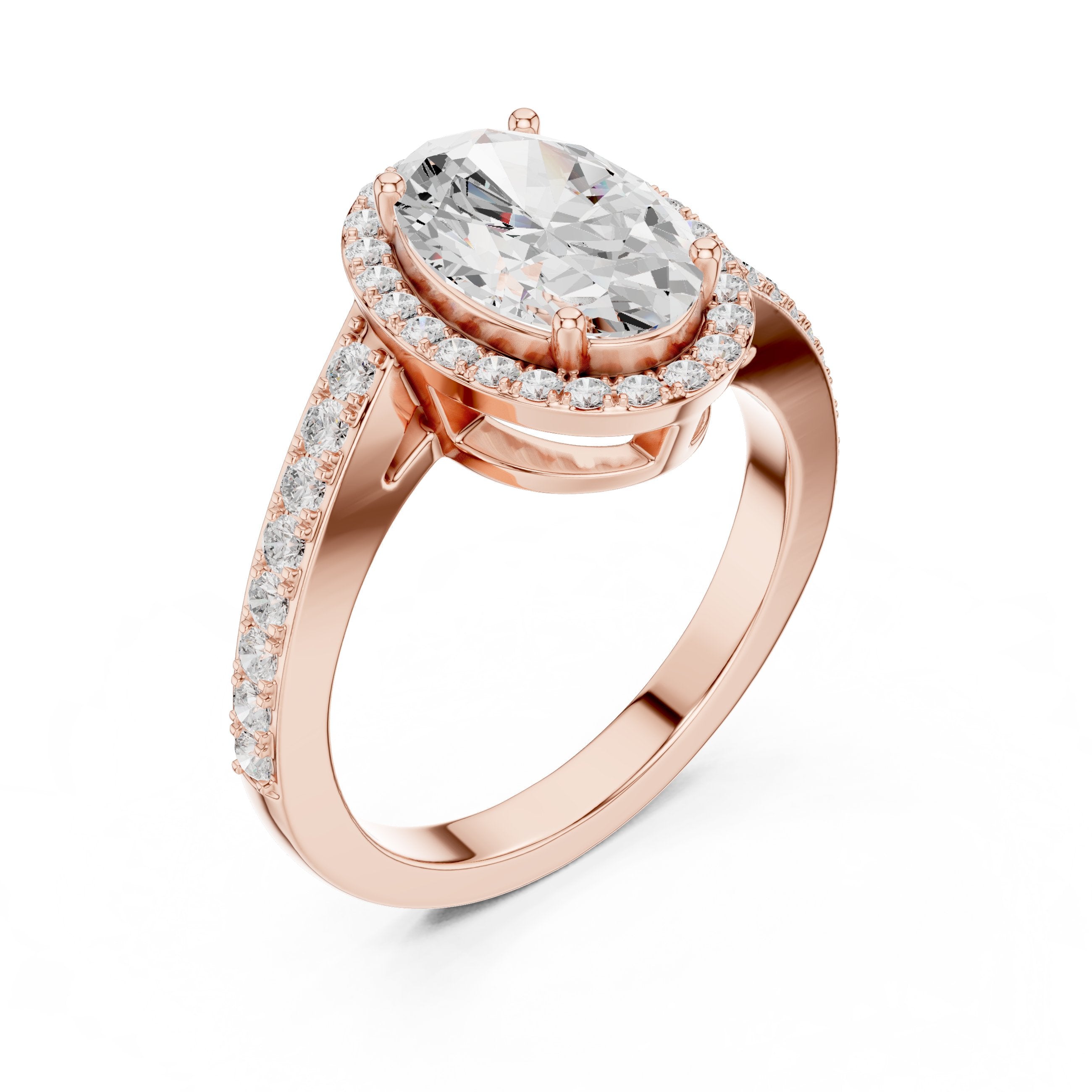 Oval Diamond Halo Engagement Ring with Pavé Band in Rose Gold - VYKA Diamonds