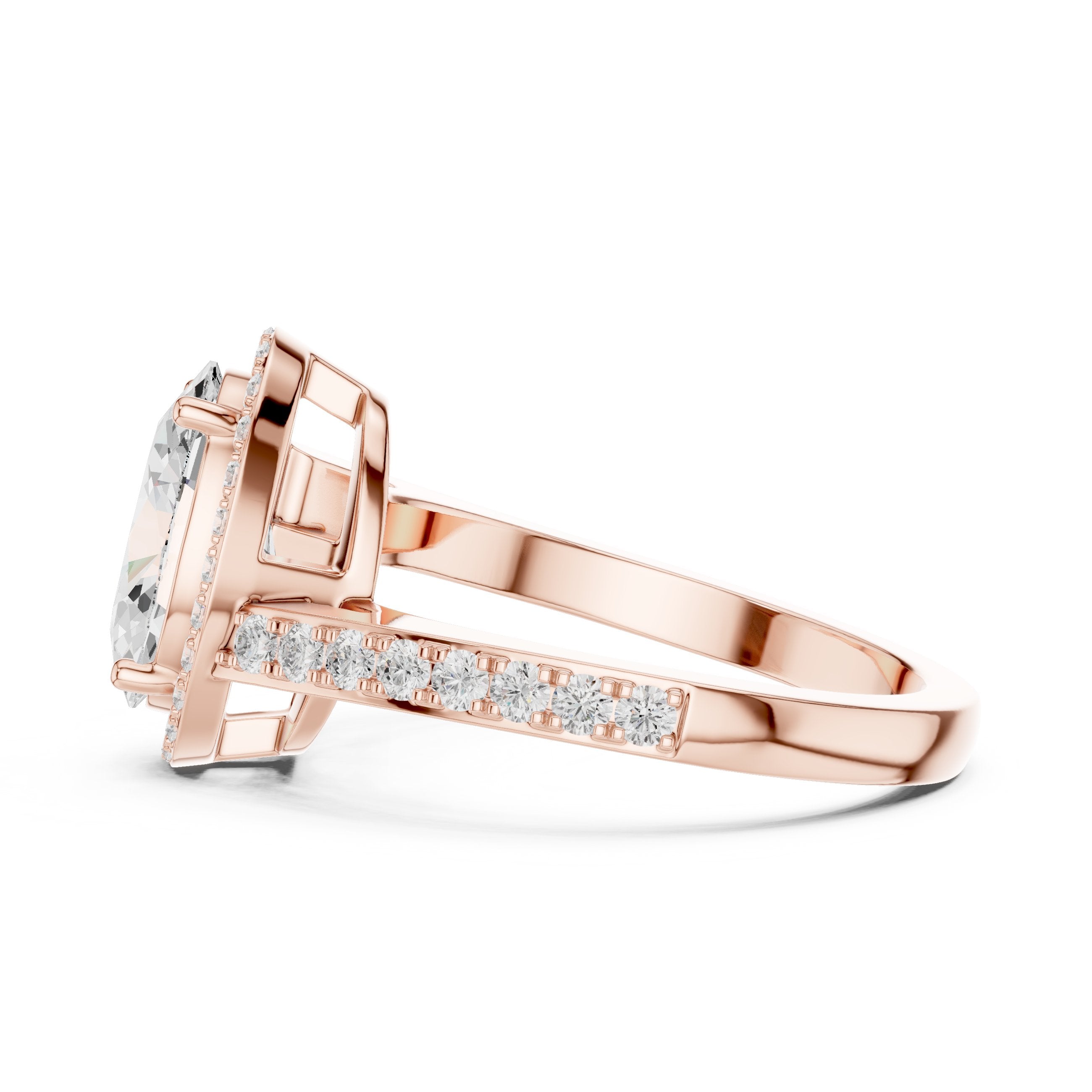 Oval Diamond Halo Engagement Ring with Pavé Band in Rose Gold - VYKA Diamonds