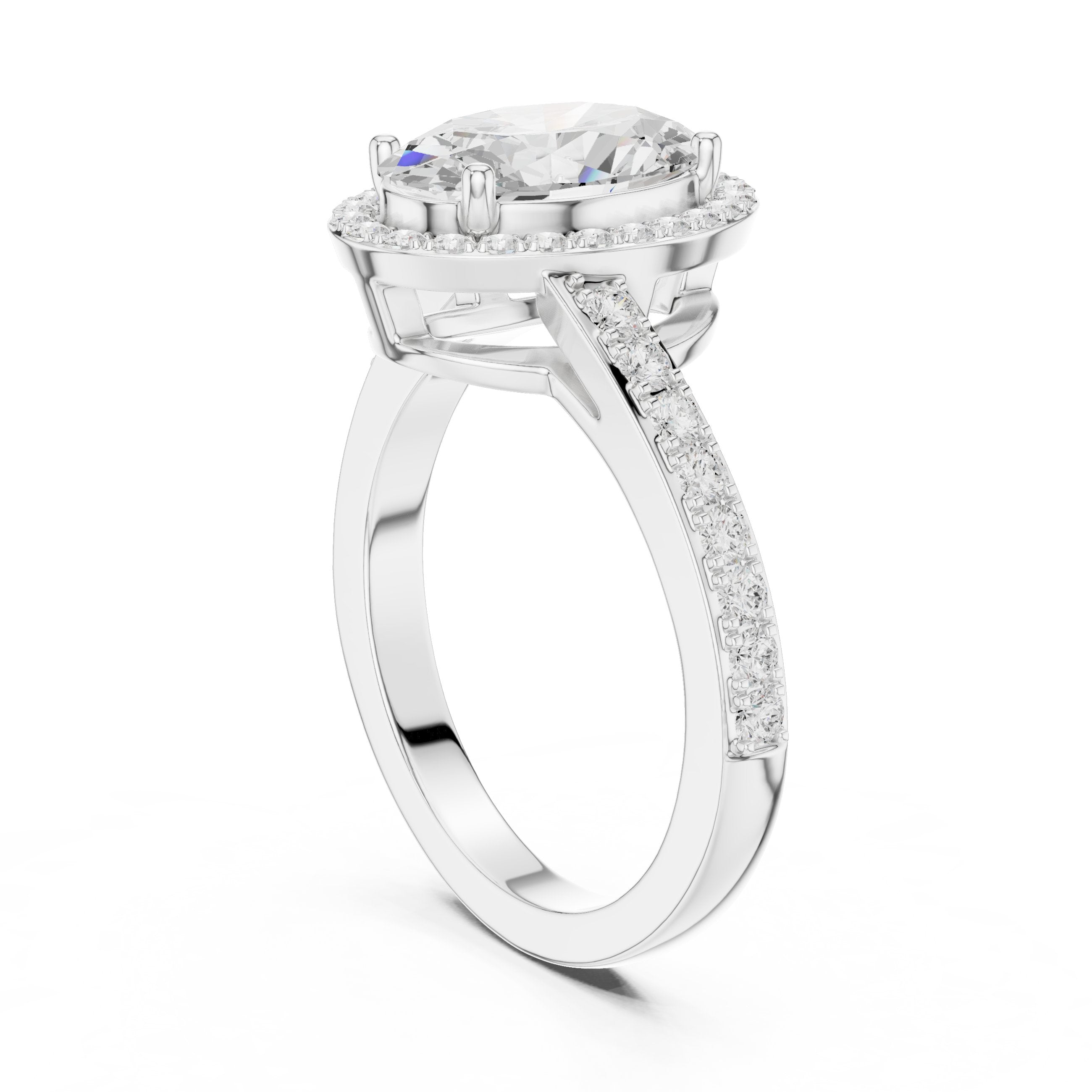 Oval Diamond Halo Engagement Ring with Pavé Band in White Gold - VYKA Diamonds