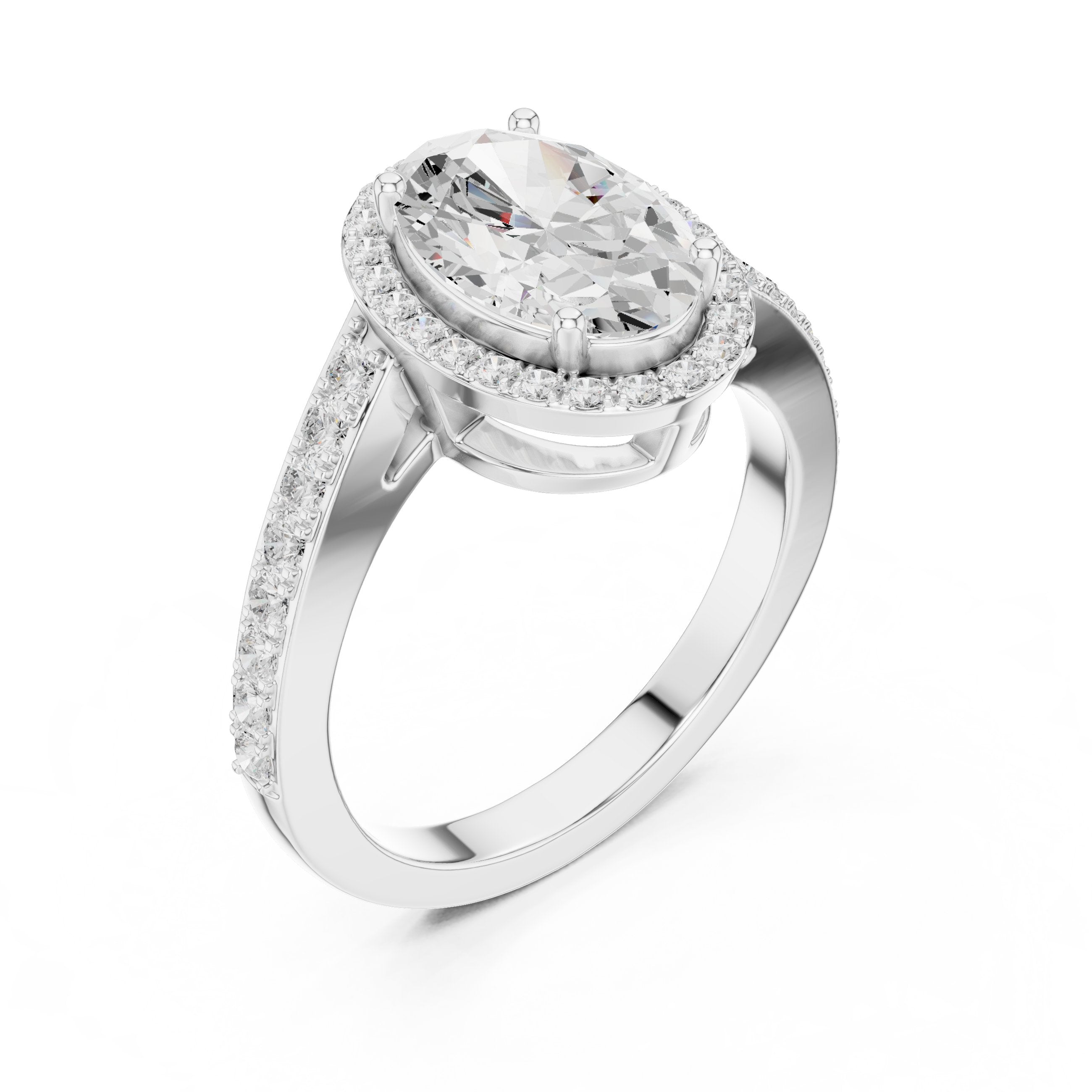Oval Diamond Halo Engagement Ring with Pavé Band in White Gold - VYKA Diamonds