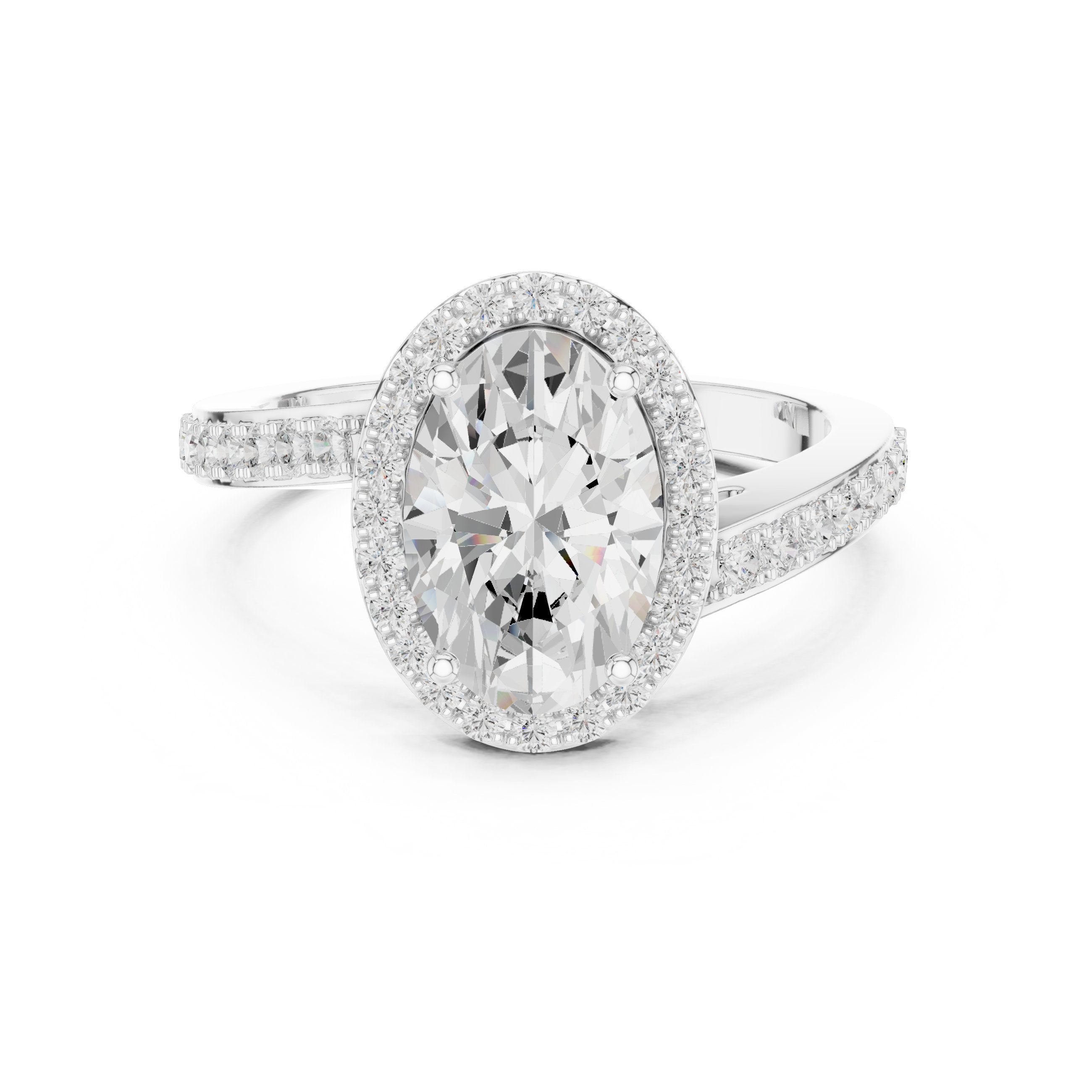 Oval Diamond Halo Engagement Ring with Pavé Band in White Gold - VYKA Diamonds