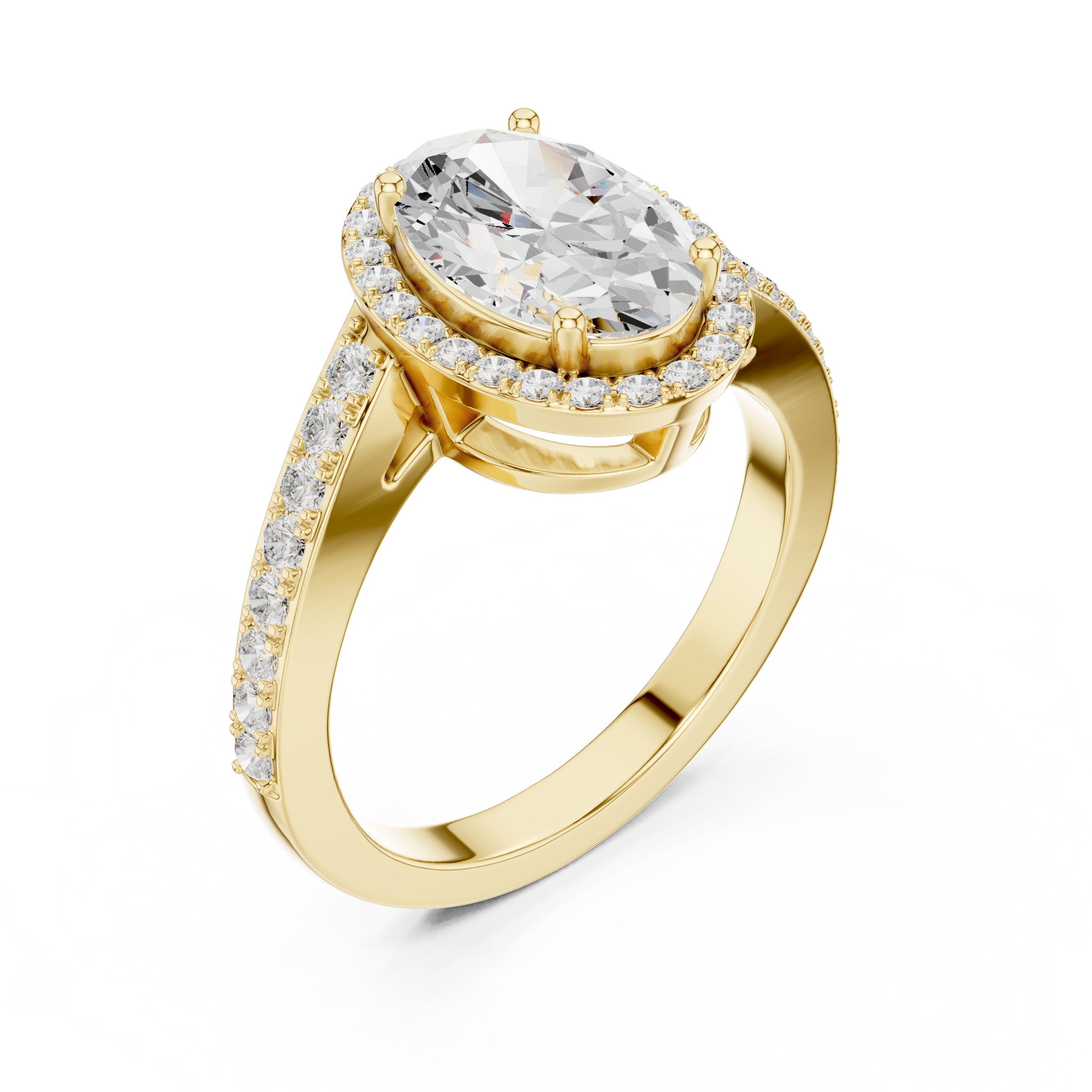 Oval Diamond Halo Engagement Ring with Pavé Band in Yellow Gold - VYKA Diamonds