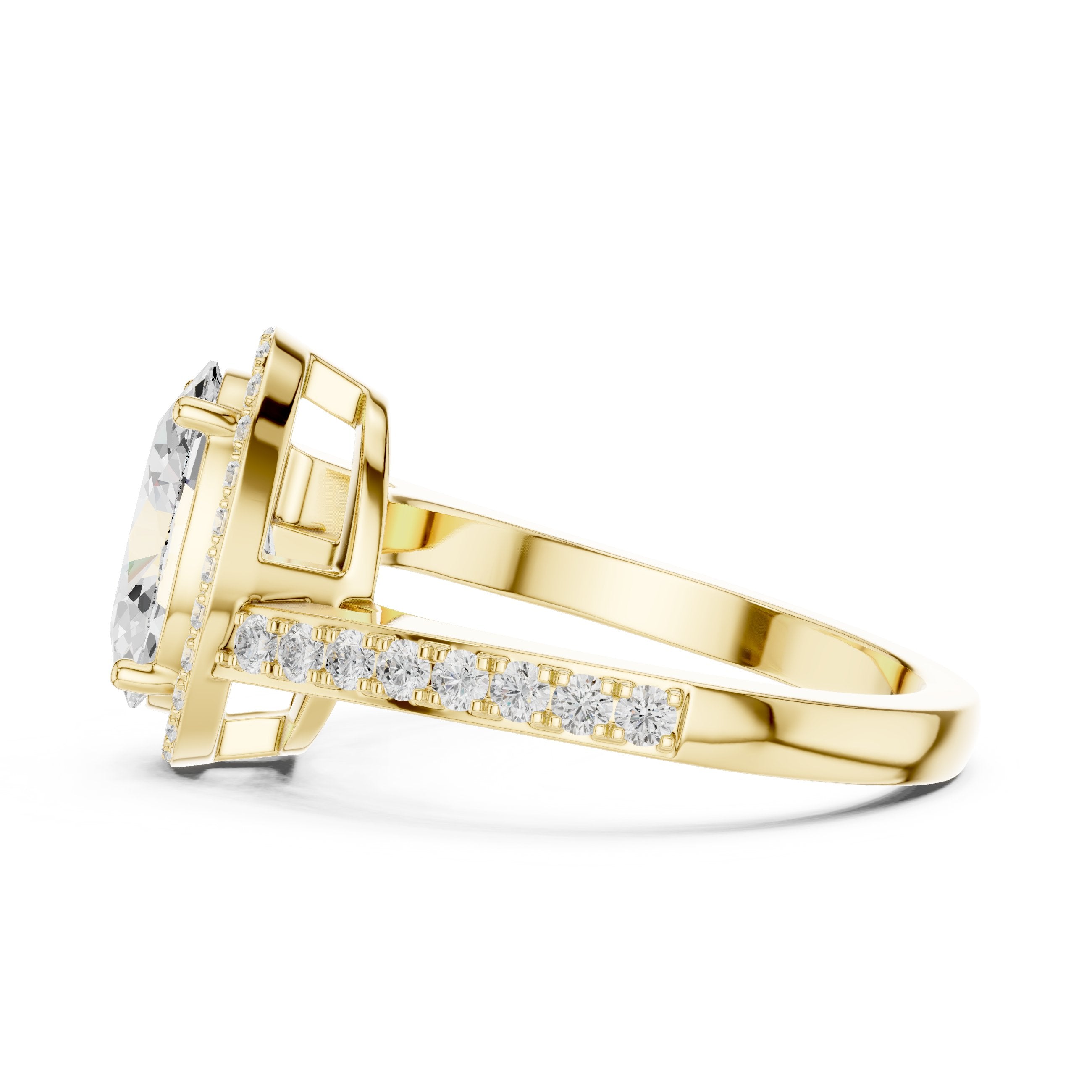Oval Diamond Halo Engagement Ring with Pavé Band in Yellow Gold - VYKA Diamonds