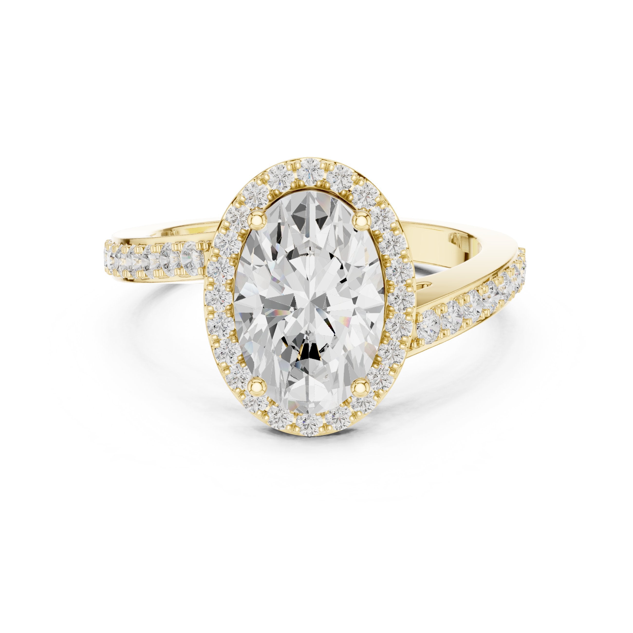 Oval Diamond Halo Engagement Ring with Pavé Band in Yellow Gold - VYKA Diamonds