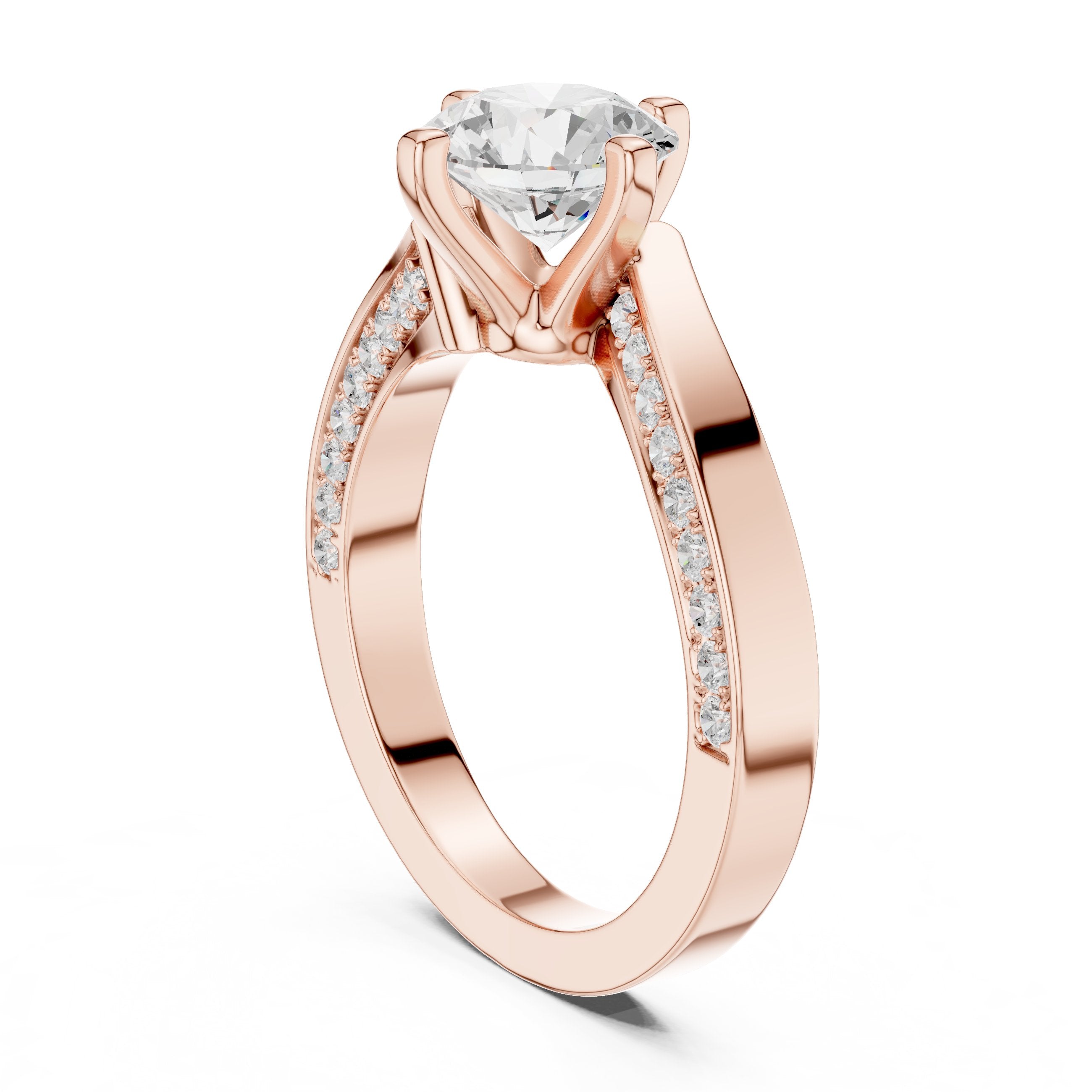 Round Diamond Engagement Ring with Asymmetric Bypass Pavé Band in Rose Gold - VYKA Diamonds