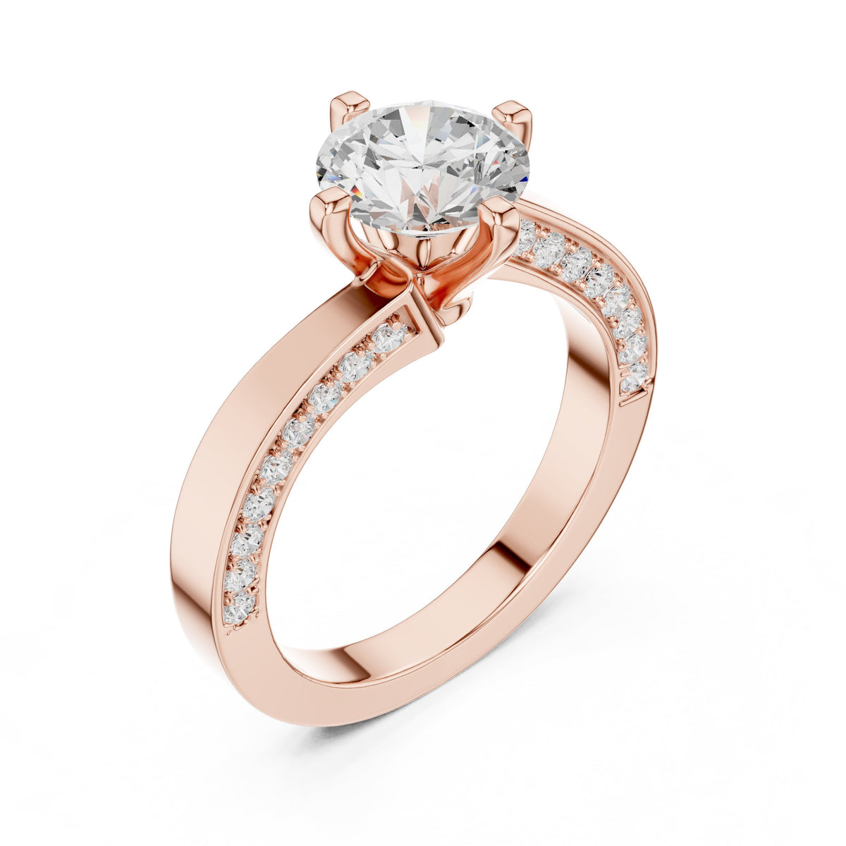 Round Diamond Engagement Ring with Asymmetric Bypass Pavé Band