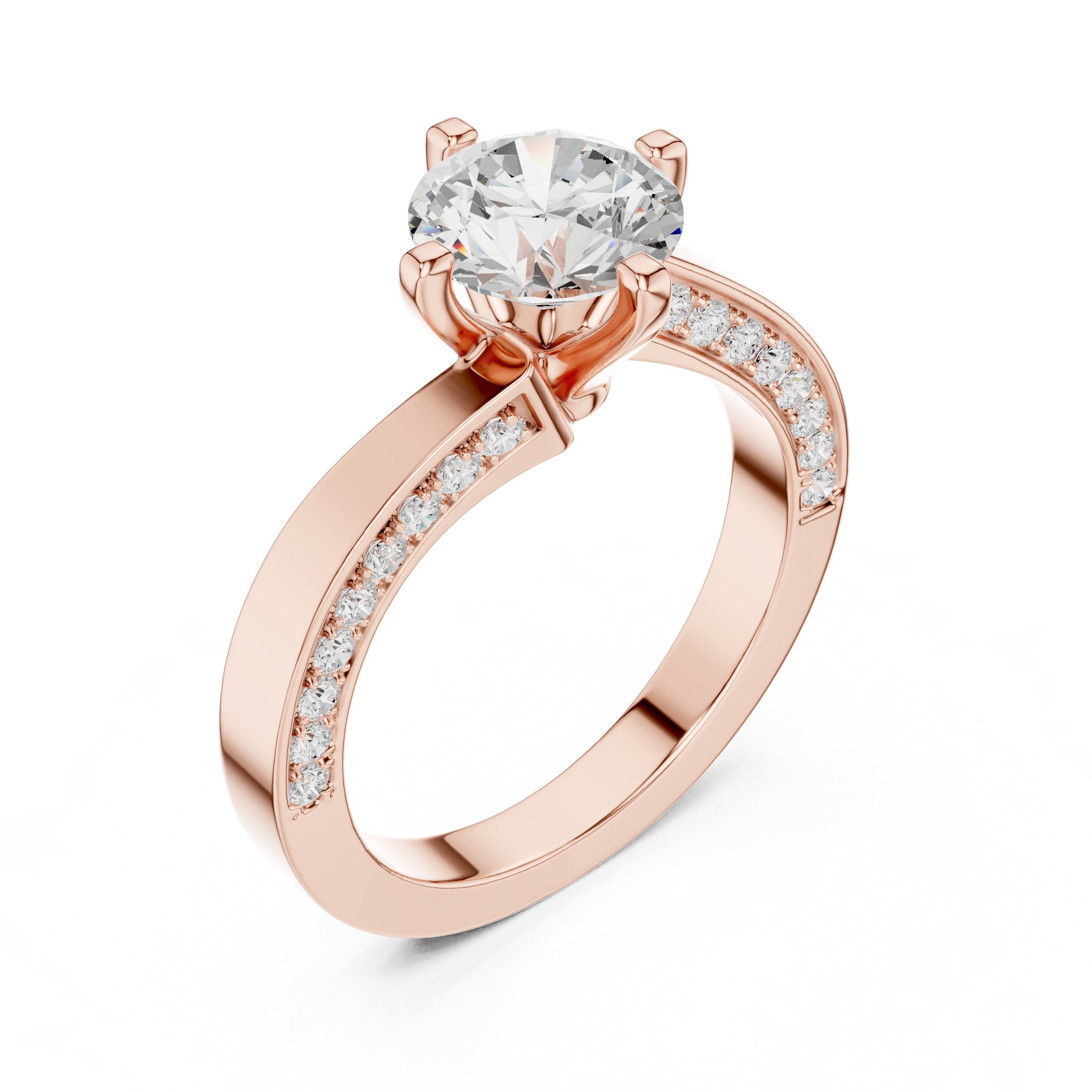 Round Diamond Engagement Ring with Asymmetric Bypass Pavé Band in Rose Gold - VYKA Diamonds