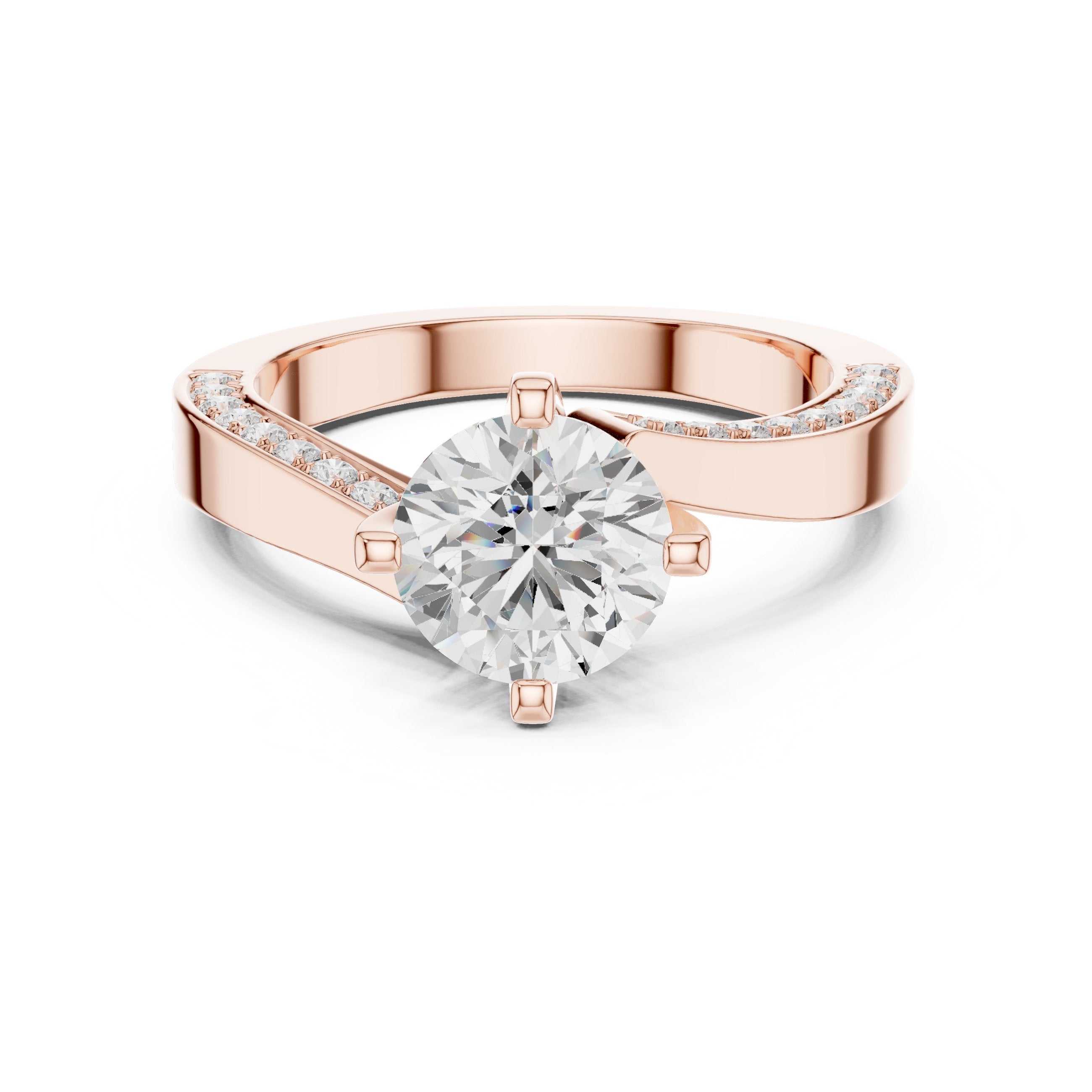 Round Diamond Engagement Ring with Asymmetric Bypass Pavé Band in Rose Gold - VYKA Diamonds