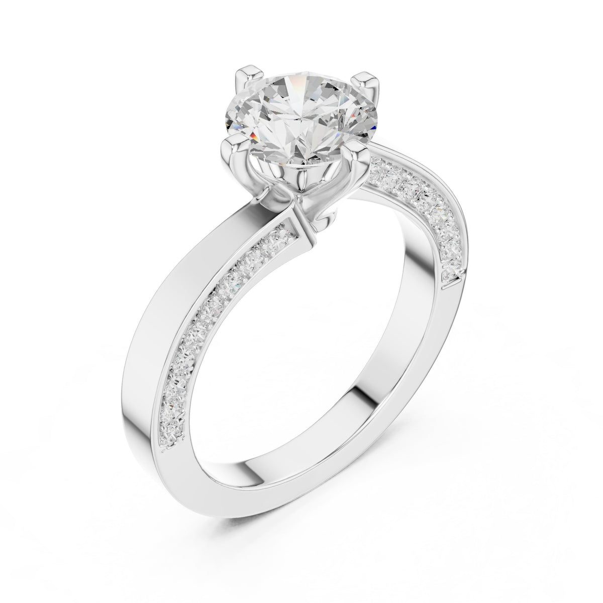 Round Diamond Engagement Ring with Asymmetric Bypass Pavé Band