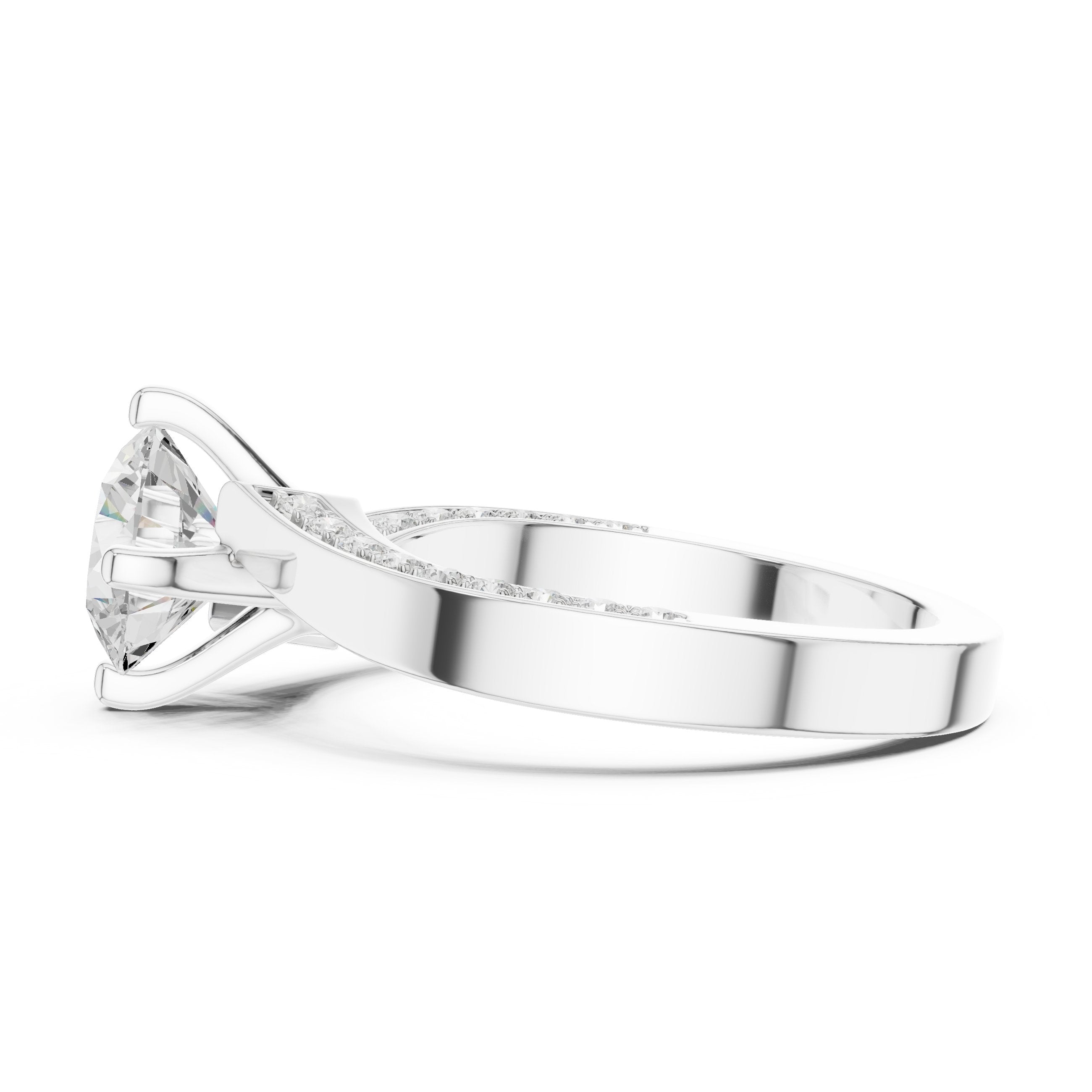 Round Diamond Engagement Ring with Asymmetric Bypass Pavé Band in White Gold - VYKA Diamonds