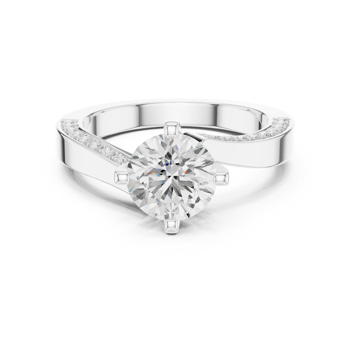 Round Diamond Engagement Ring with Asymmetric Bypass Pavé Band