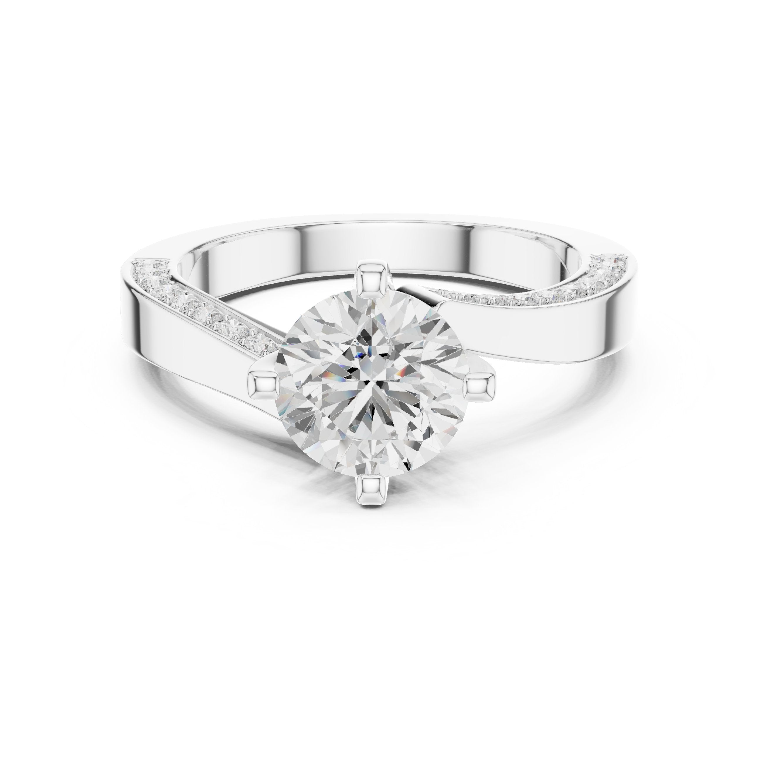 Round Diamond Engagement Ring with Asymmetric Bypass Pavé Band in White Gold - VYKA Diamonds