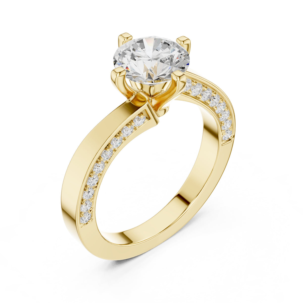 Round Diamond Engagement Ring with Asymmetric Bypass Pavé Band